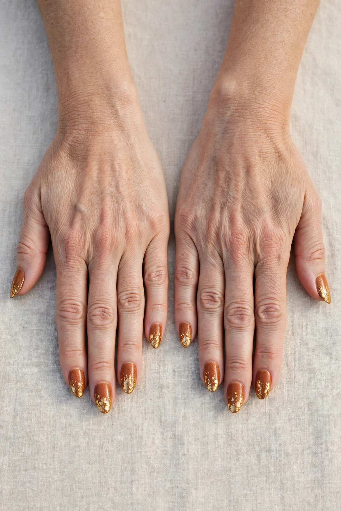 Cinnamon Spice Almond Nails with a glitter gradient finish and gold foil accents