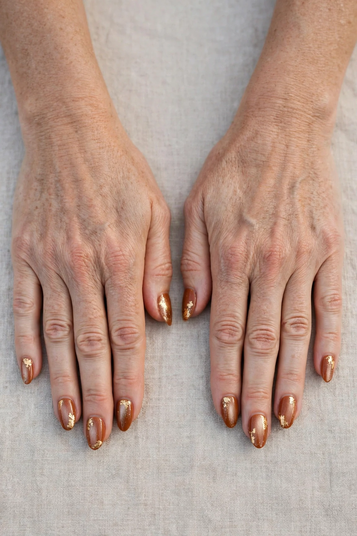 Cinnamon Spice Almond Nails with a pearl shimmer finish and gold foil accents