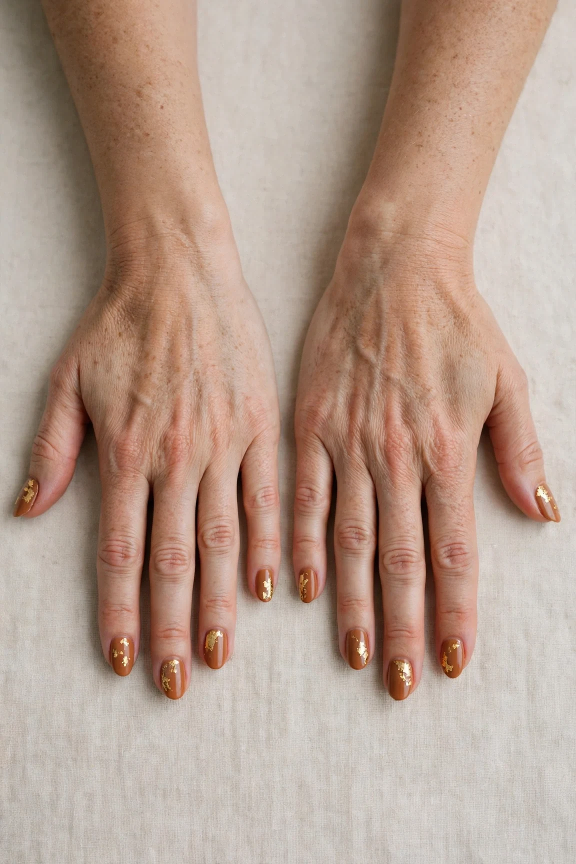 Cinnamon Spice Almond Nails with a creamy opaque finish and gold foil accents