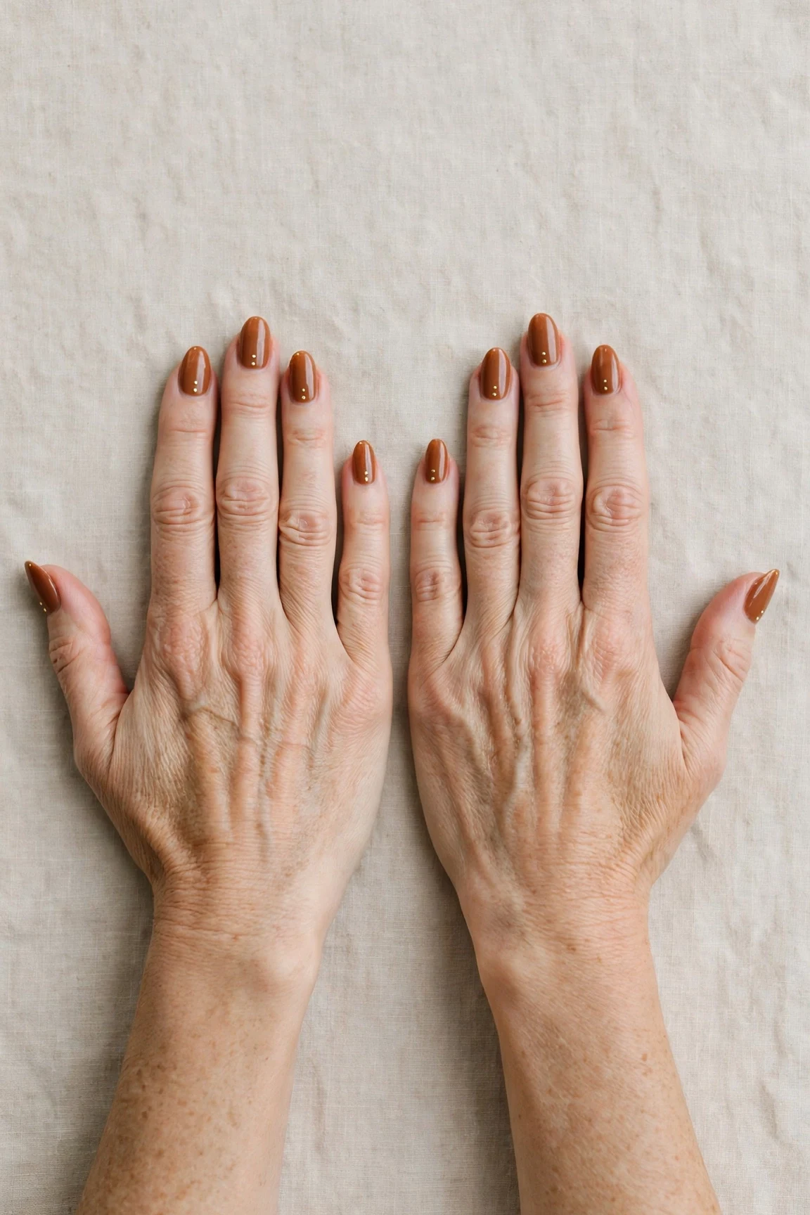 Cinnamon Spice Almond Nails with a high-gloss finish and tiny gold dots