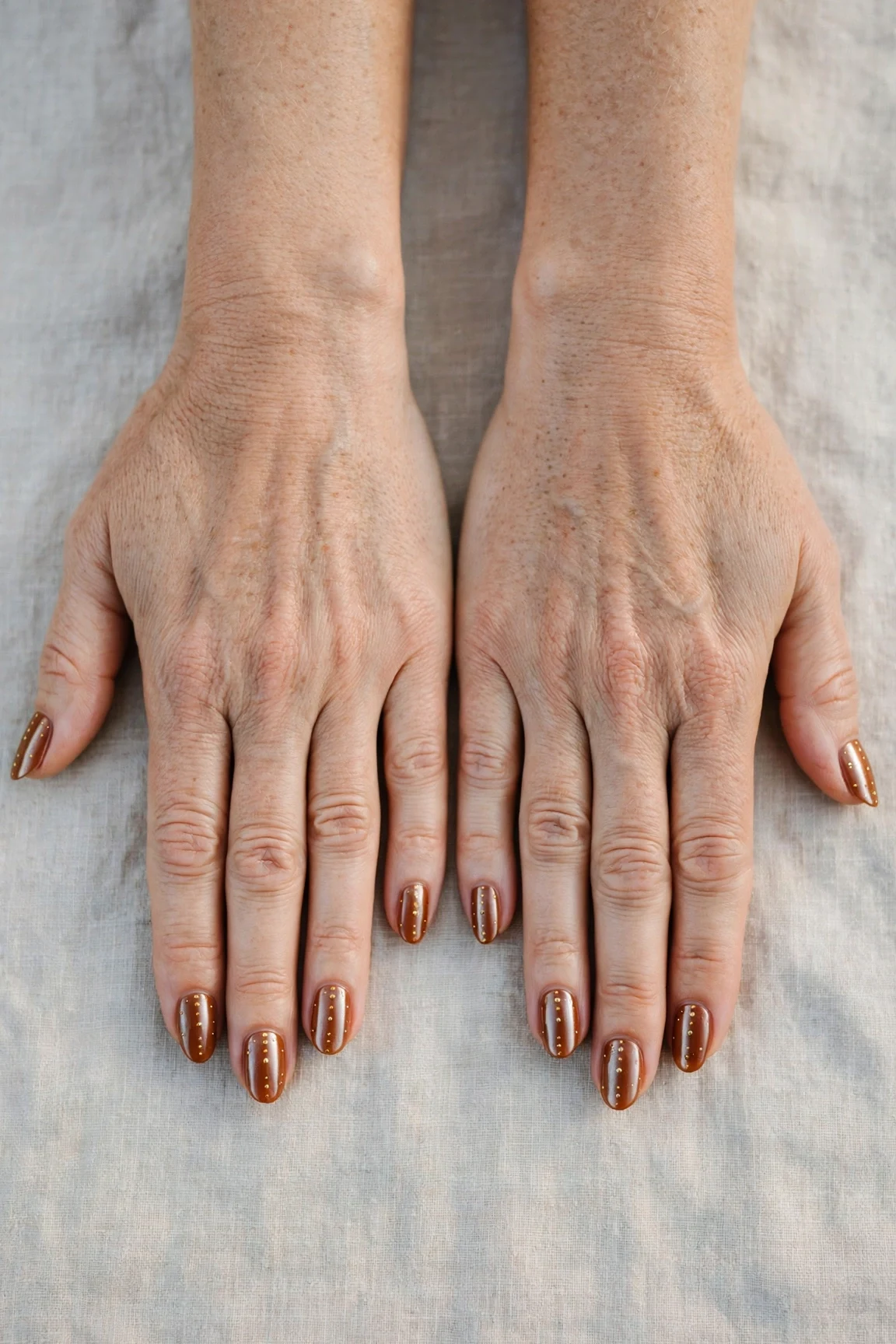 Cinnamon Spice Almond Nails with a chrome shine and tiny gold dots