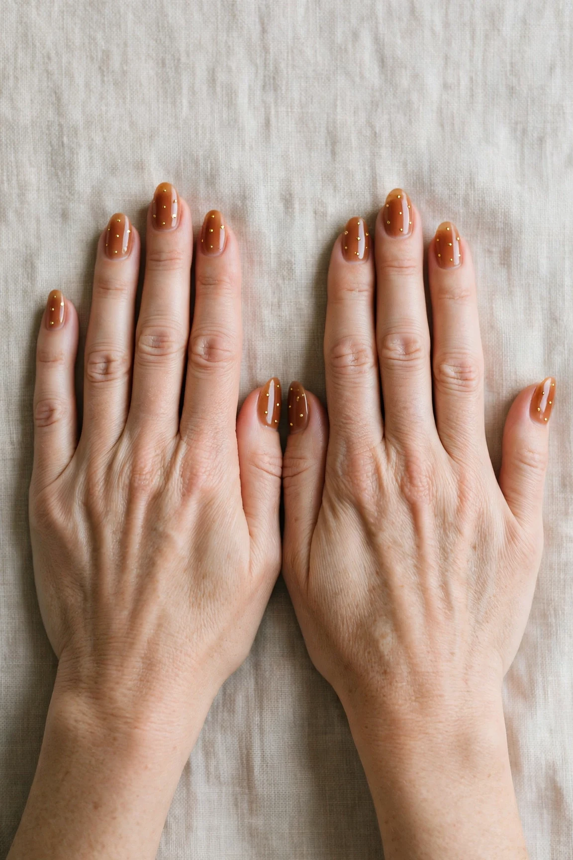 Cinnamon Spice Almond Nails with a sheer jelly finish and tiny gold dots