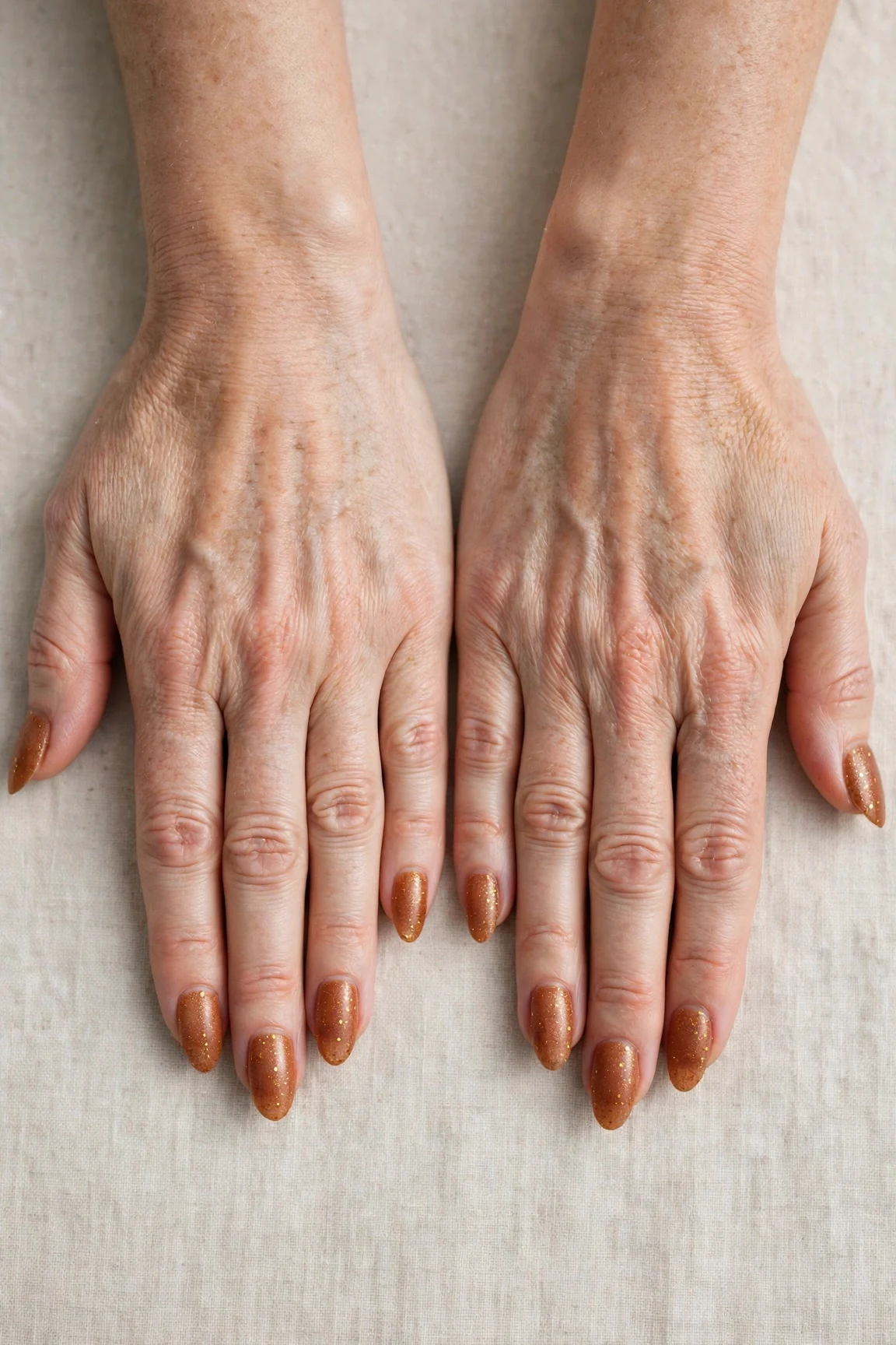 Cinnamon Spice Almond Nails with a frosted shimmer finish and tiny gold dots