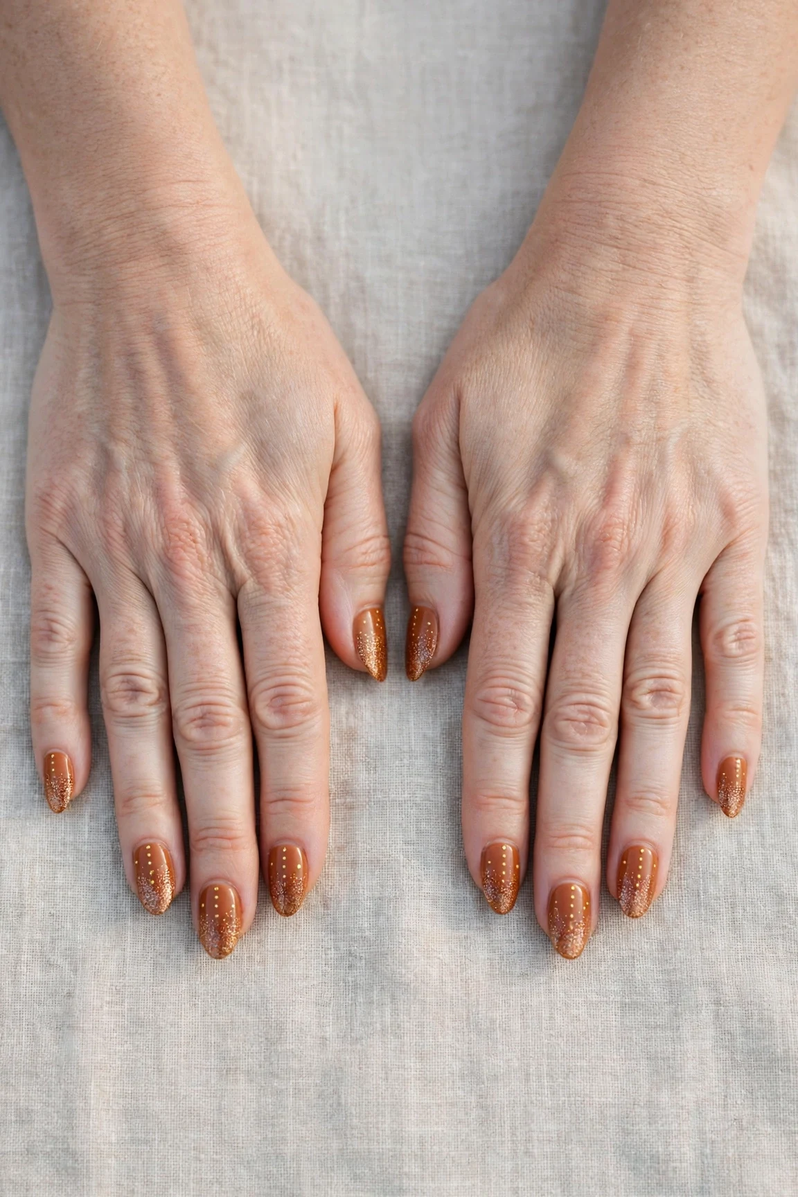 Cinnamon Spice Almond Nails with a glitter gradient finish and tiny gold dots