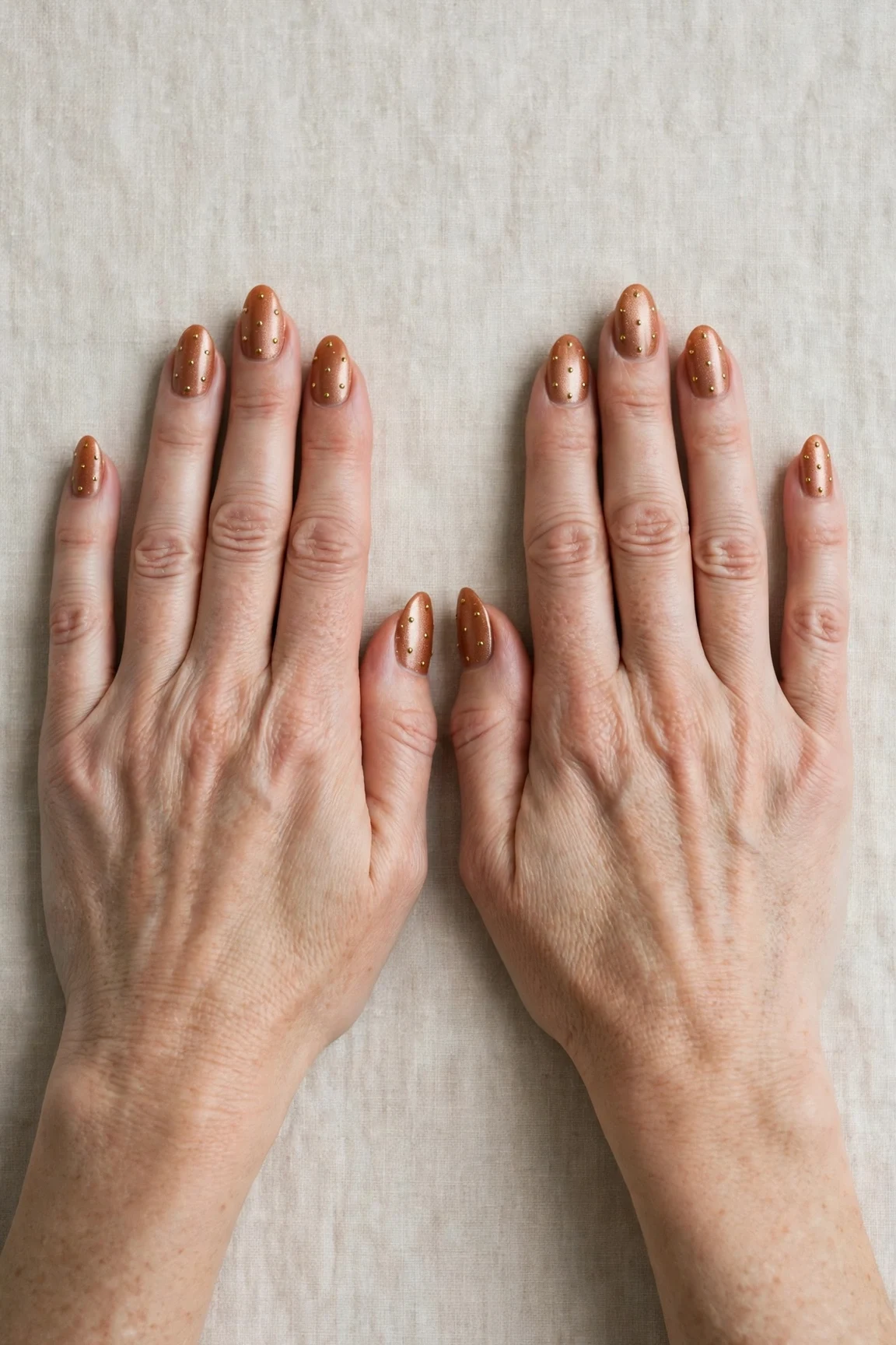 Cinnamon Spice Almond Nails with a pearl shimmer finish and tiny gold dots