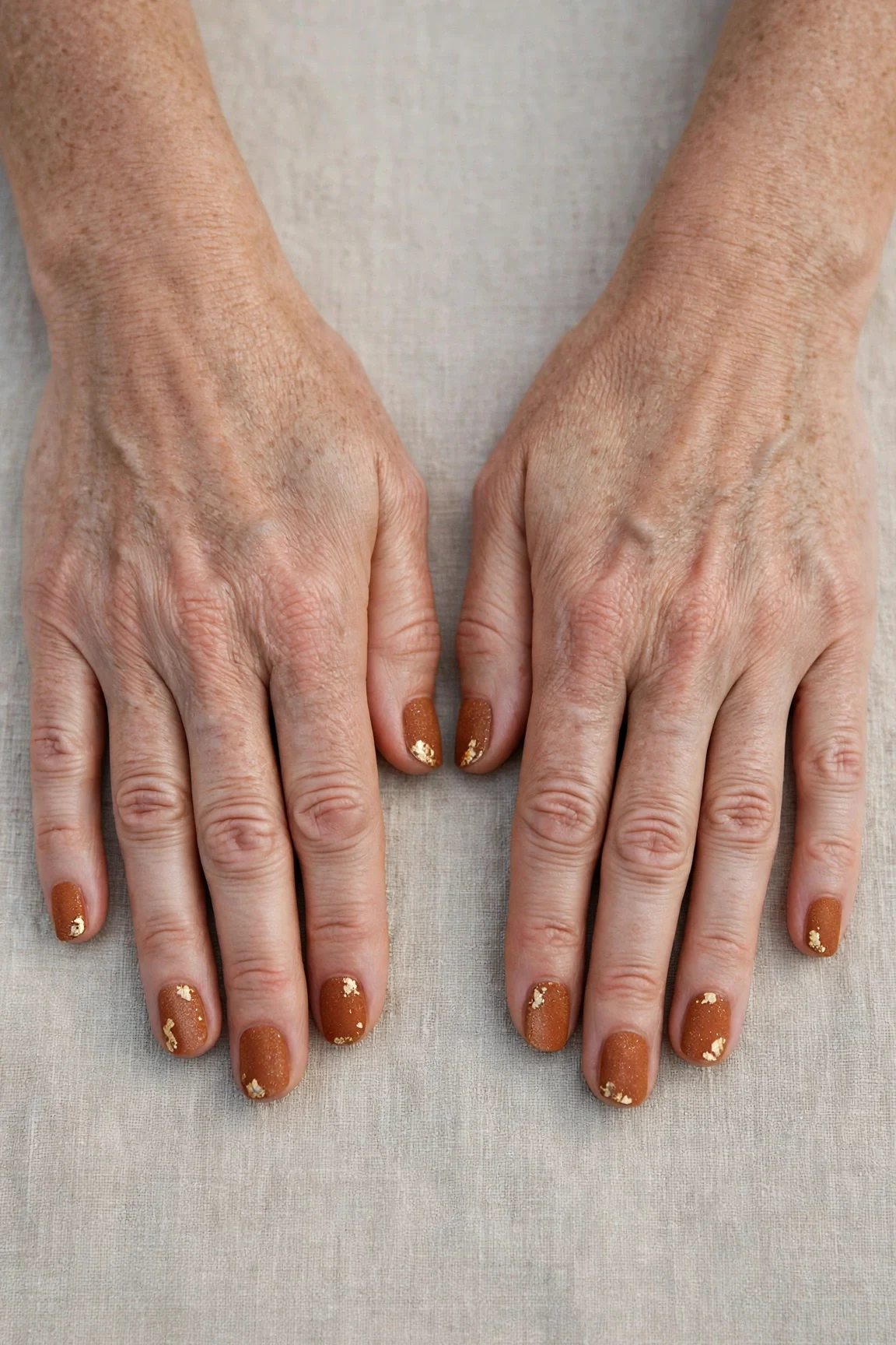 22 Cinnamon Spice Matte Nails For Women Over 40 For January Parties That Are Chic, Warm and Elegant 7 Short Round Cinnamon Spice Matte Nails with a frosted shimmer finish and gold foil accents