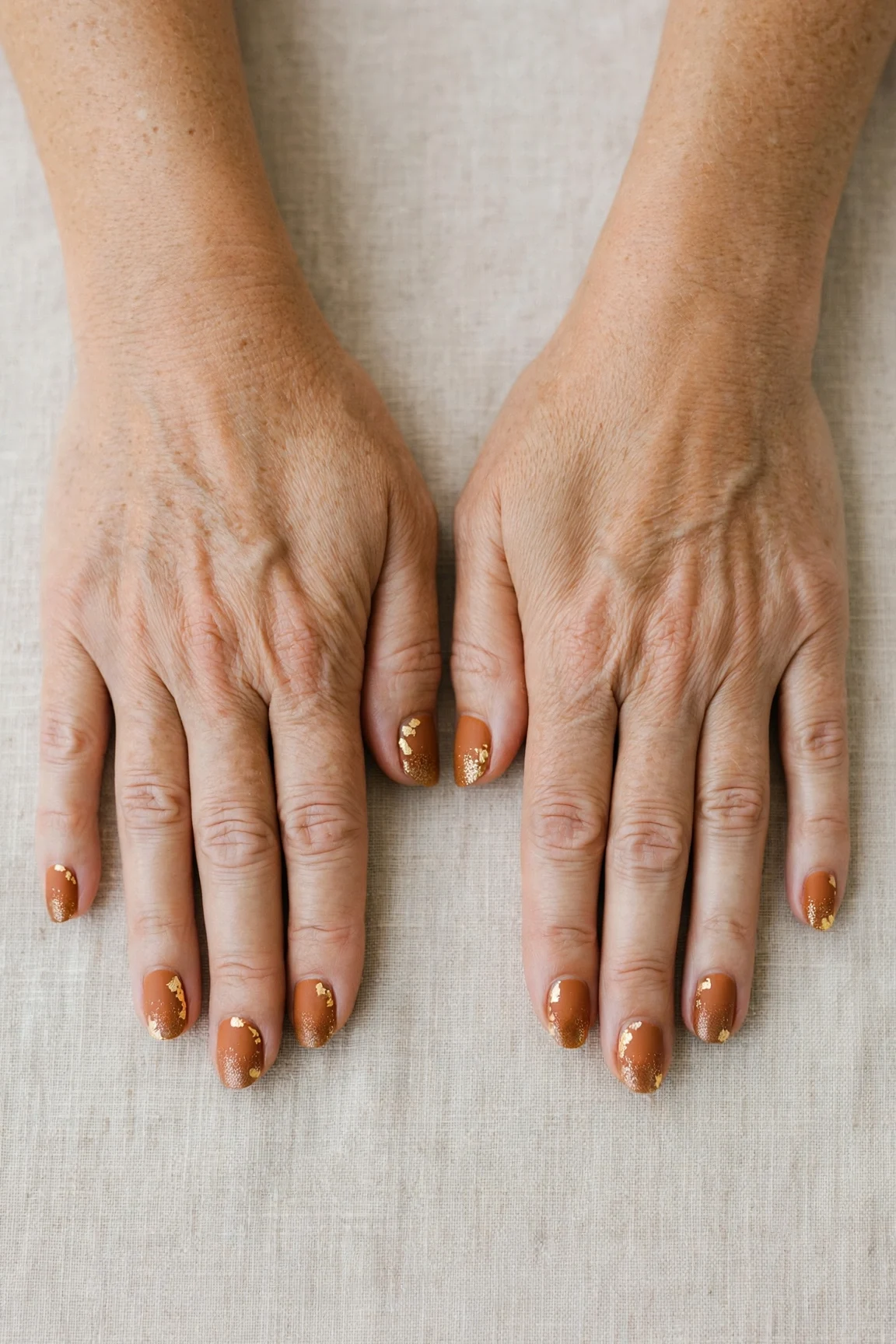 22 Cinnamon Spice Matte Nails For Women Over 40 For January Parties That Are Chic, Warm and Elegant 8 Short Oval Cinnamon Spice Matte Nails with a glitter gradient finish and gold foil accents
