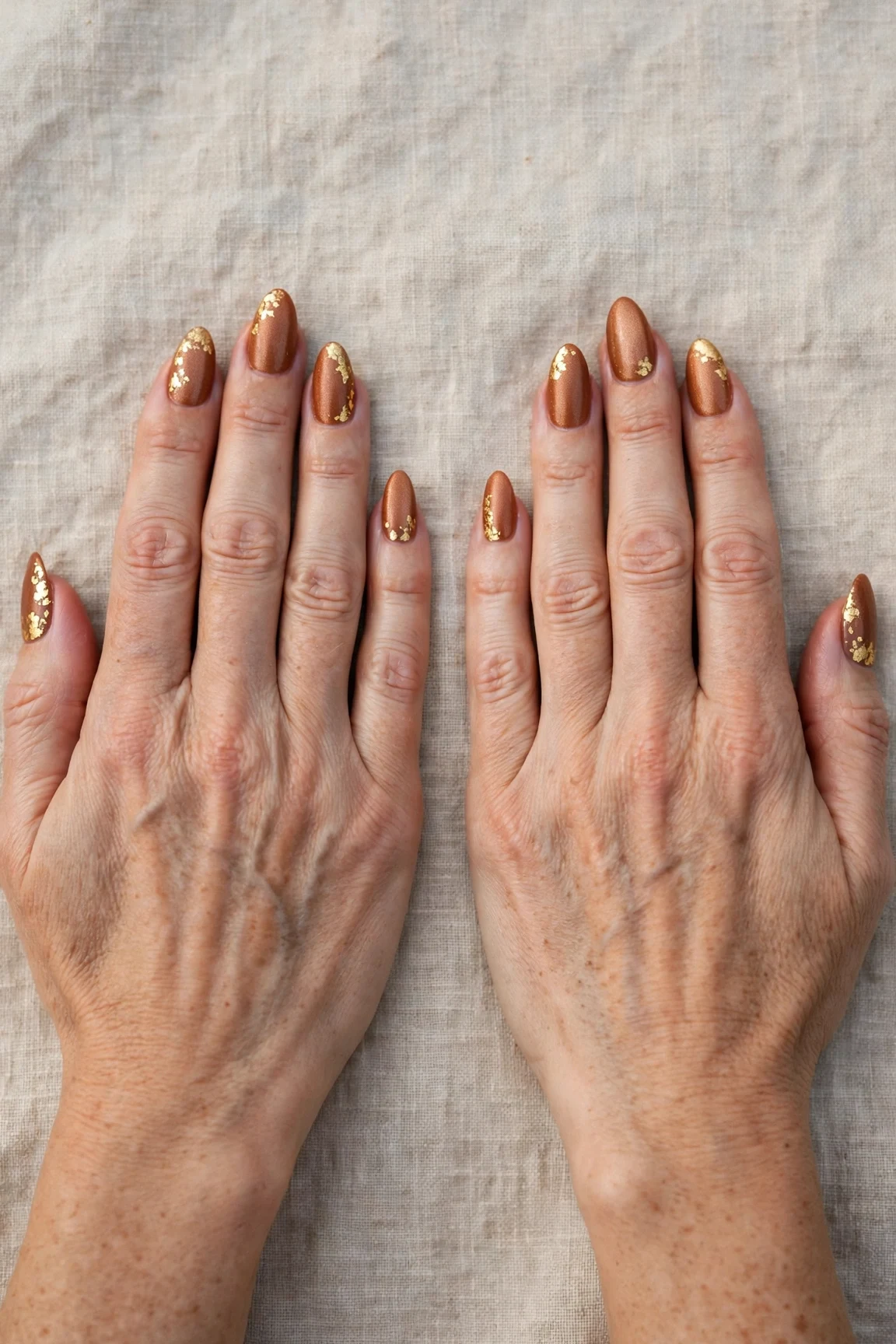 22 Cinnamon Spice Matte Nails For Women Over 40 For January Parties That Are Chic, Warm and Elegant 9 Almond Cinnamon Spice Matte Nails with a pearl shimmer finish and gold foil accents