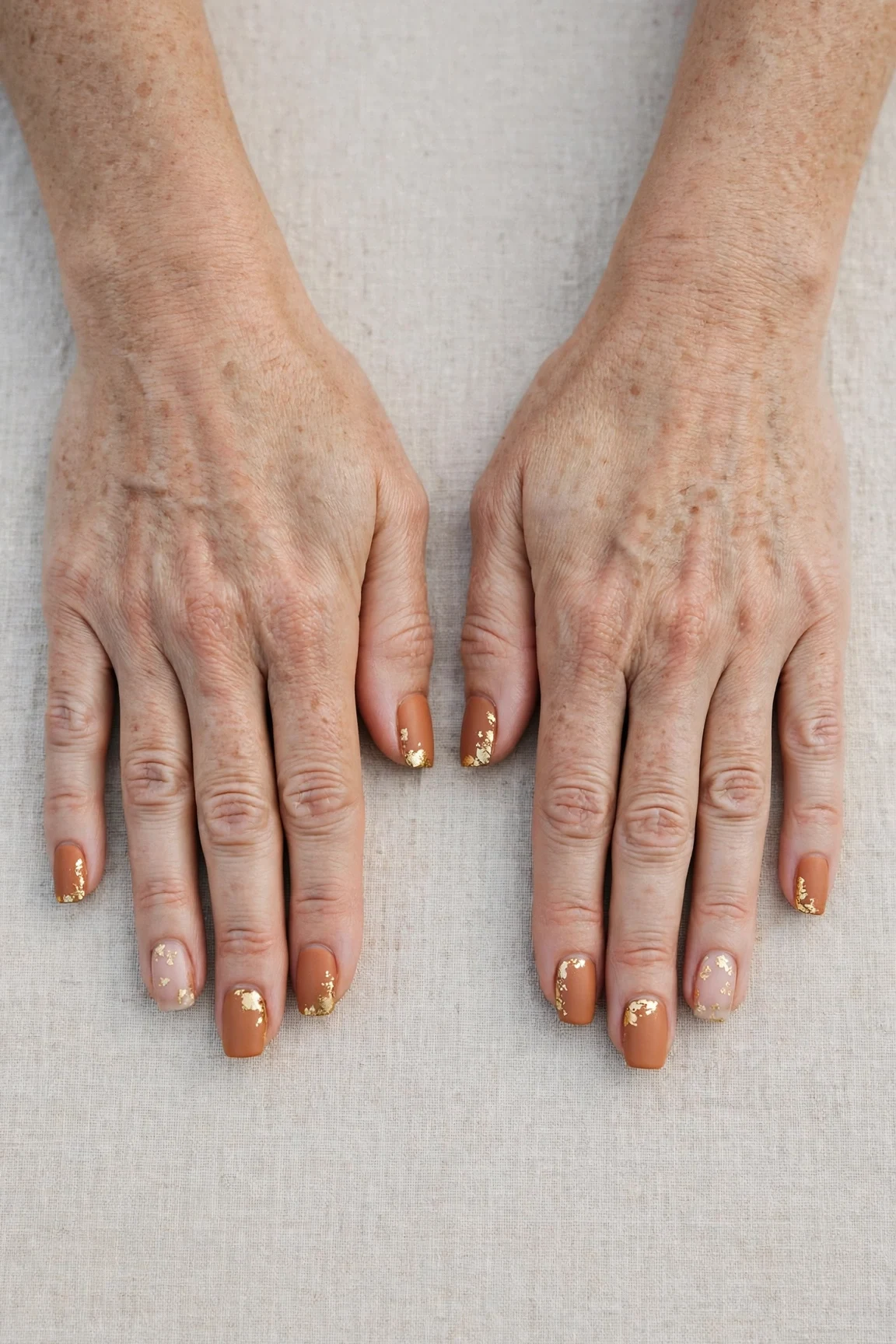22 Cinnamon Spice Matte Nails For Women Over 40 For January Parties That Are Chic, Warm and Elegant 12 Squoval Cinnamon Spice Matte Nails with a creamy opaque finish and gold foil accents