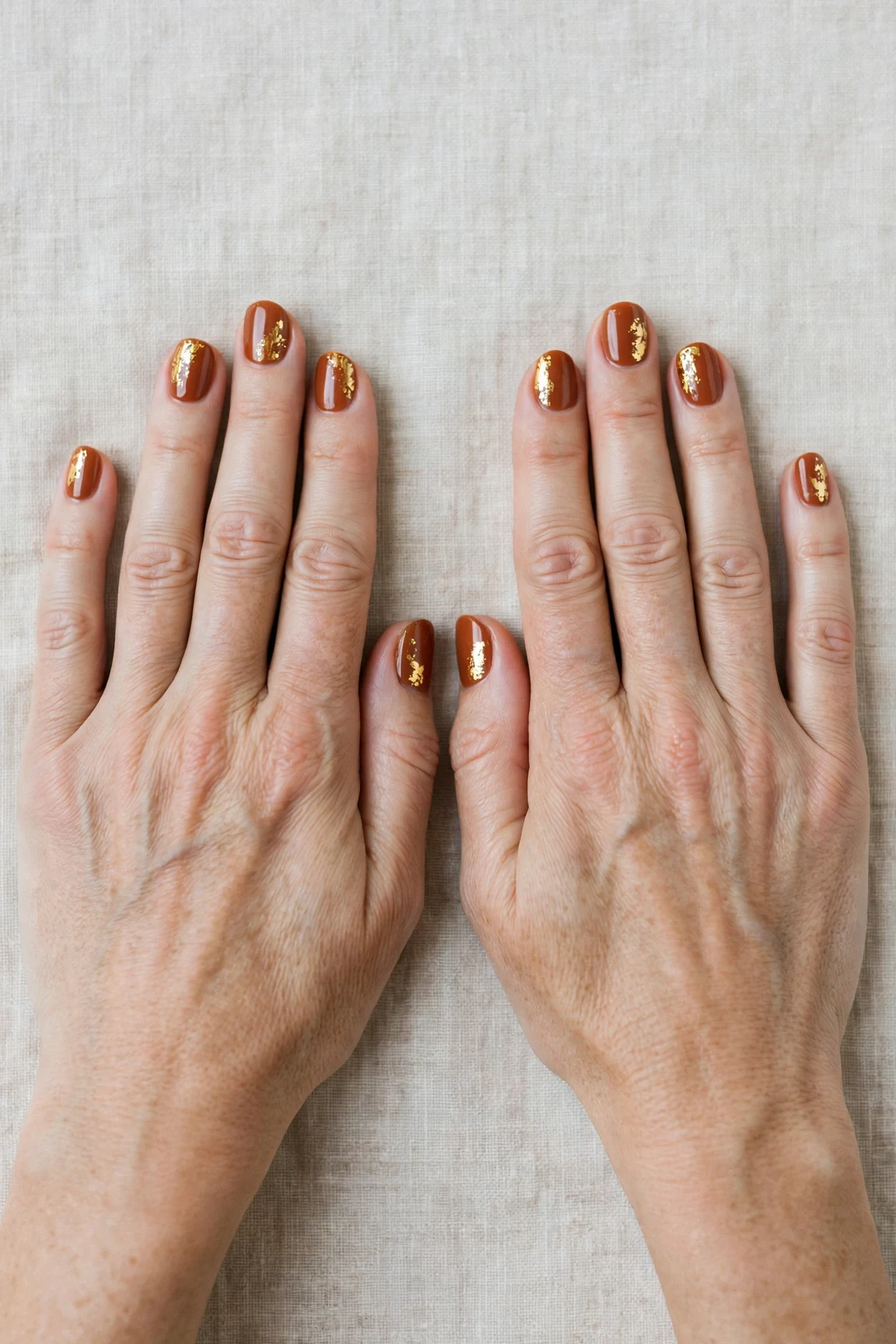 22 Cinnamon Spice Matte Nails For Women Over 40 For January Parties That Are Chic, Warm and Elegant 13 Short Round Cinnamon Spice Matte Nails with a deep glossy shine and gold foil accents