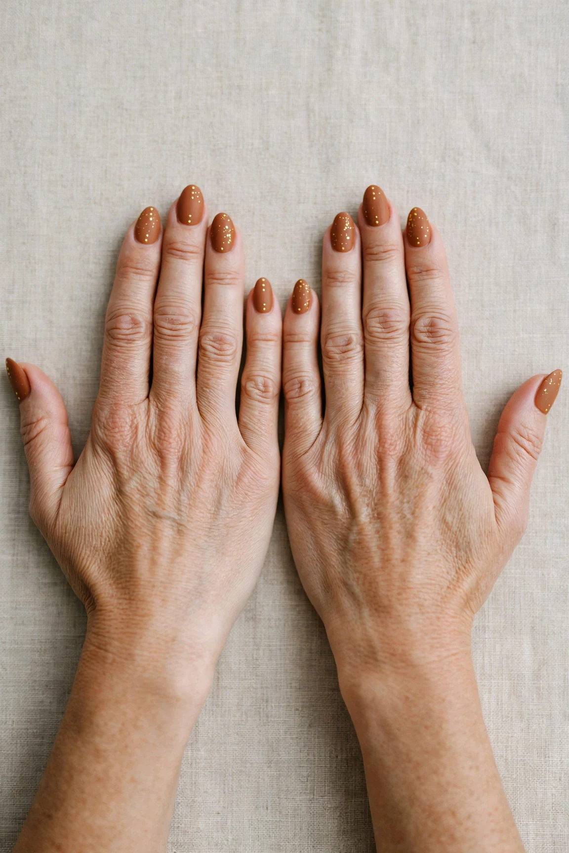 22 Cinnamon Spice Matte Nails For Women Over 40 For January Parties That Are Chic, Warm and Elegant 15 Almond Cinnamon Spice Matte Nails with a soft matte finish and tiny gold dots