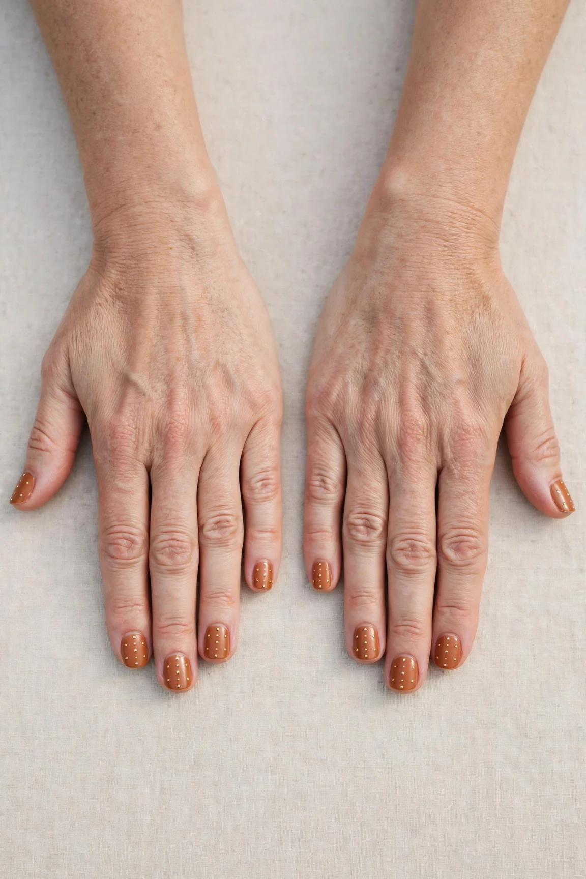 22 Cinnamon Spice Matte Nails For Women Over 40 For January Parties That Are Chic, Warm and Elegant 17 Short Square Cinnamon Spice Matte Nails with a chrome shine and tiny gold dots