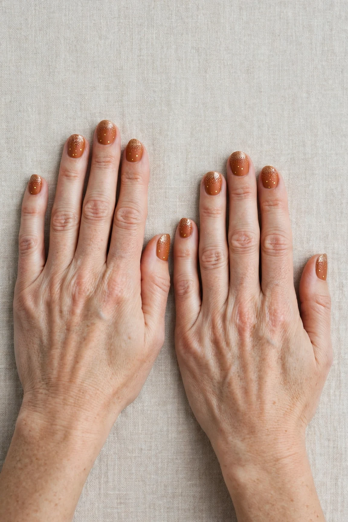 22 Cinnamon Spice Matte Nails For Women Over 40 For January Parties That Are Chic, Warm and Elegant 20 Short Oval Cinnamon Spice Matte Nails with a glitter gradient finish and tiny gold dots