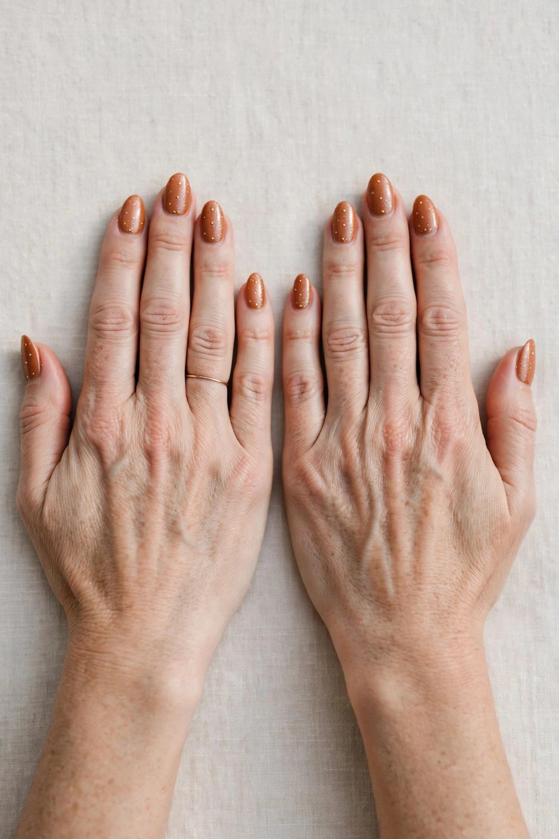 22 Cinnamon Spice Matte Nails For Women Over 40 For January Parties That Are Chic, Warm and Elegant 21 Almond Cinnamon Spice Matte Nails with a pearl shimmer finish and tiny gold dots