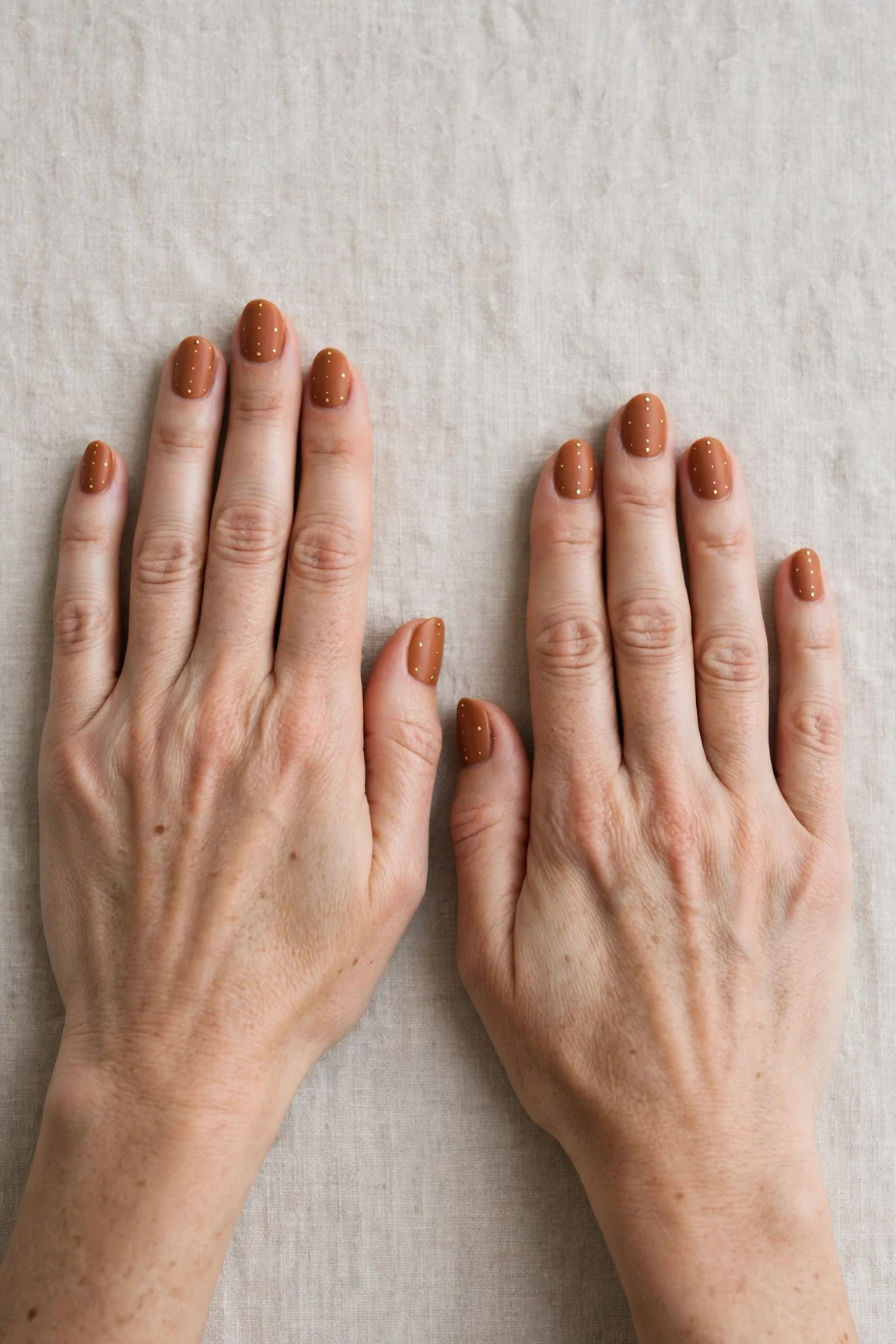 22 Cinnamon Spice Matte Nails For Women Over 40 For January Parties That Are Chic, Warm and Elegant 22 Oval Cinnamon Spice Matte Nails with a satin finish and tiny gold dots
