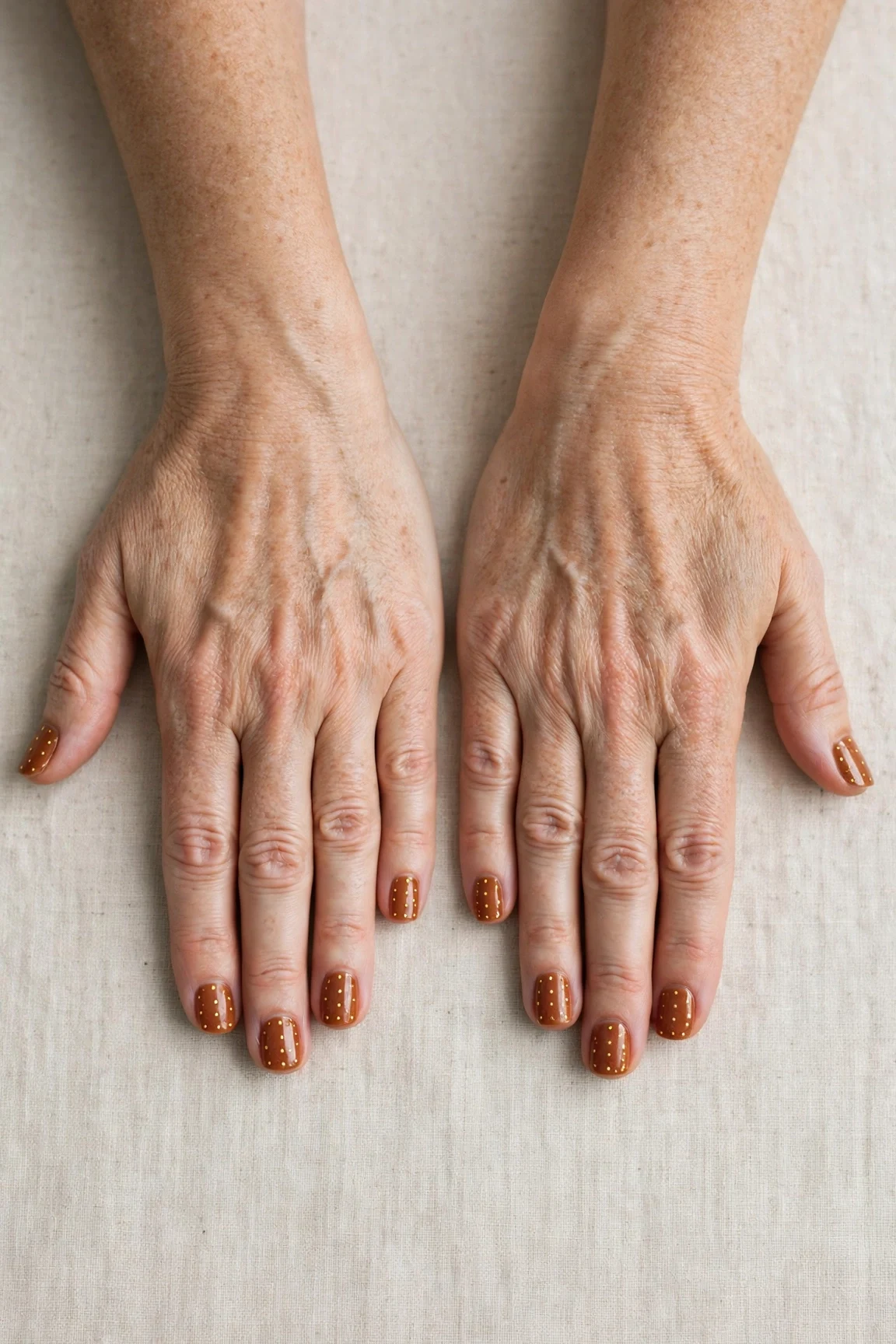 22 Cinnamon Spice Matte Nails For Women Over 40 For January Parties That Are Chic, Warm and Elegant 23 Short Square Cinnamon Spice Matte Nails with a glassy gel finish and tiny gold dots