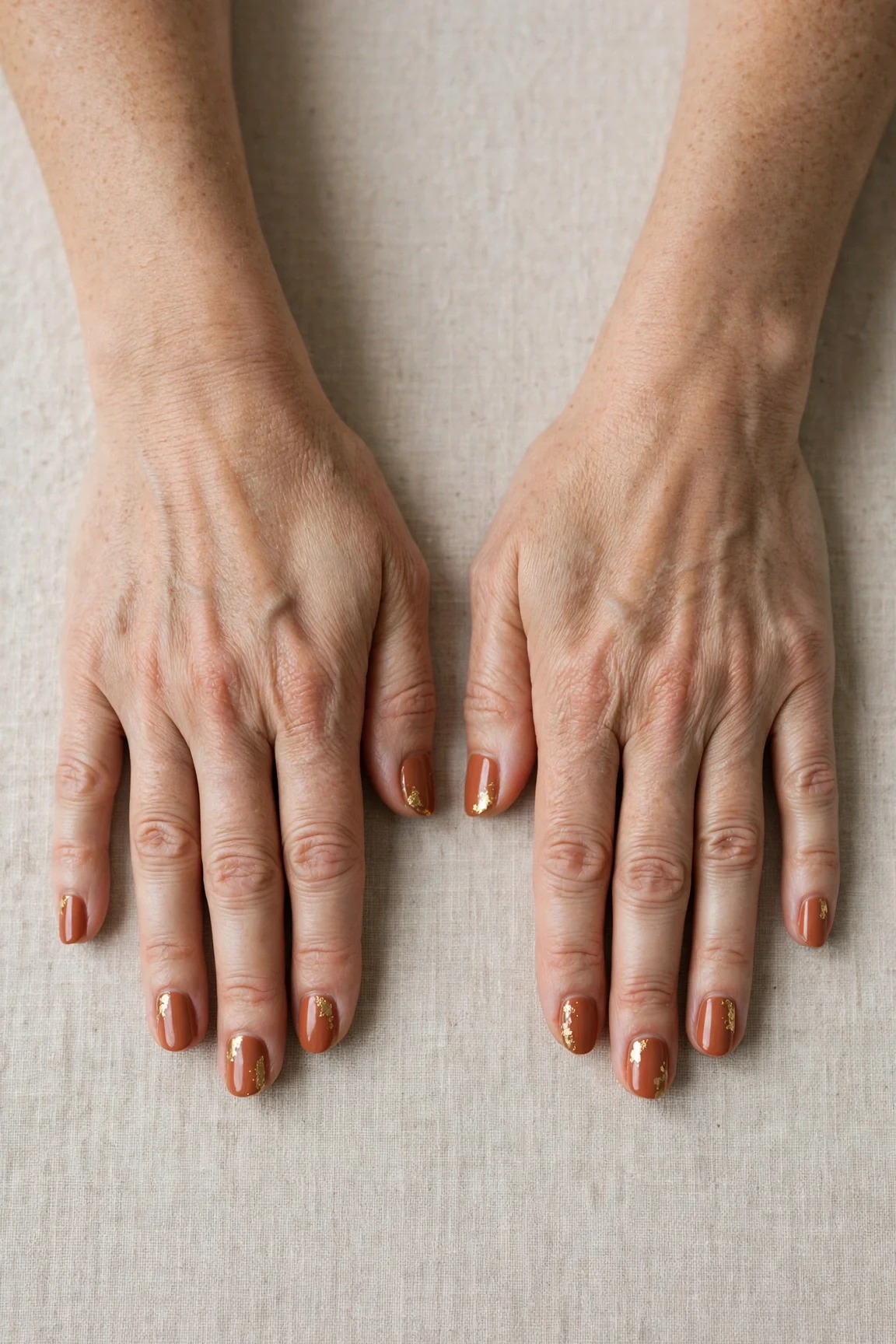 Cinnamon Terracotta Short Nails with a high-gloss finish and gold foil accents