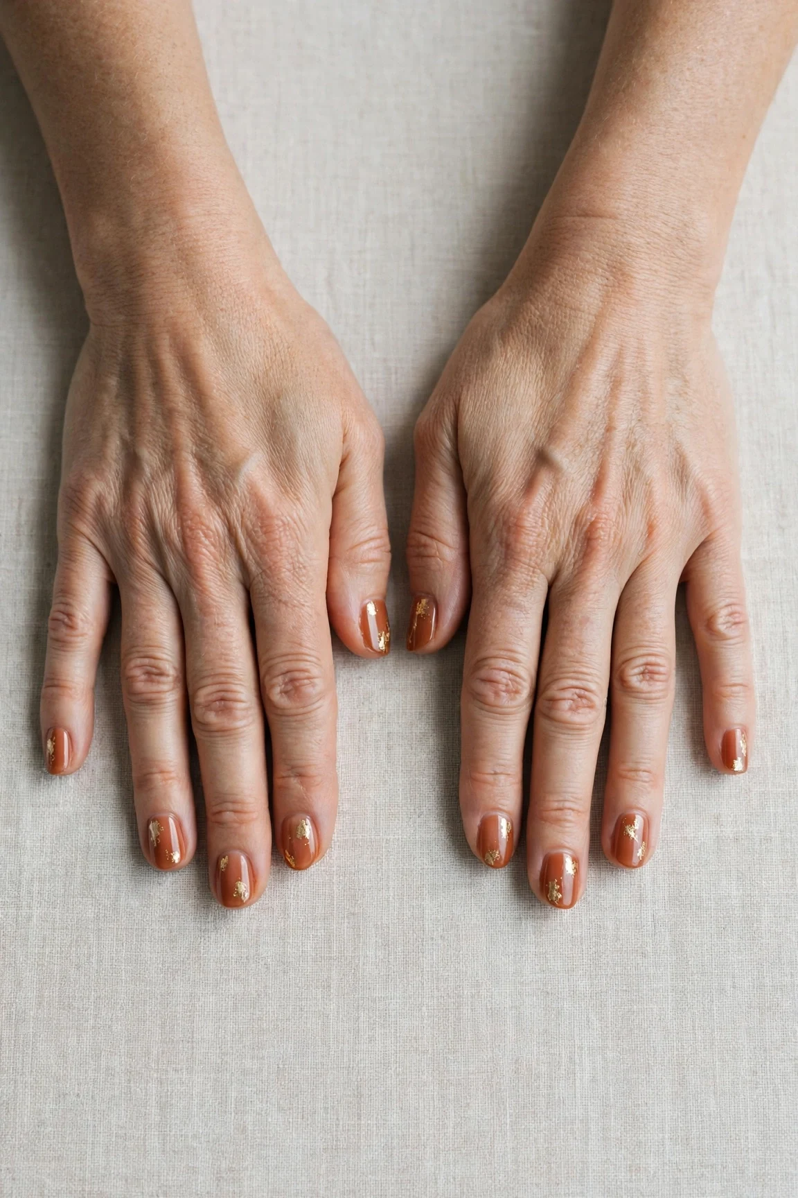 Cinnamon Terracotta Short Nails with a sheer jelly finish and gold foil accents