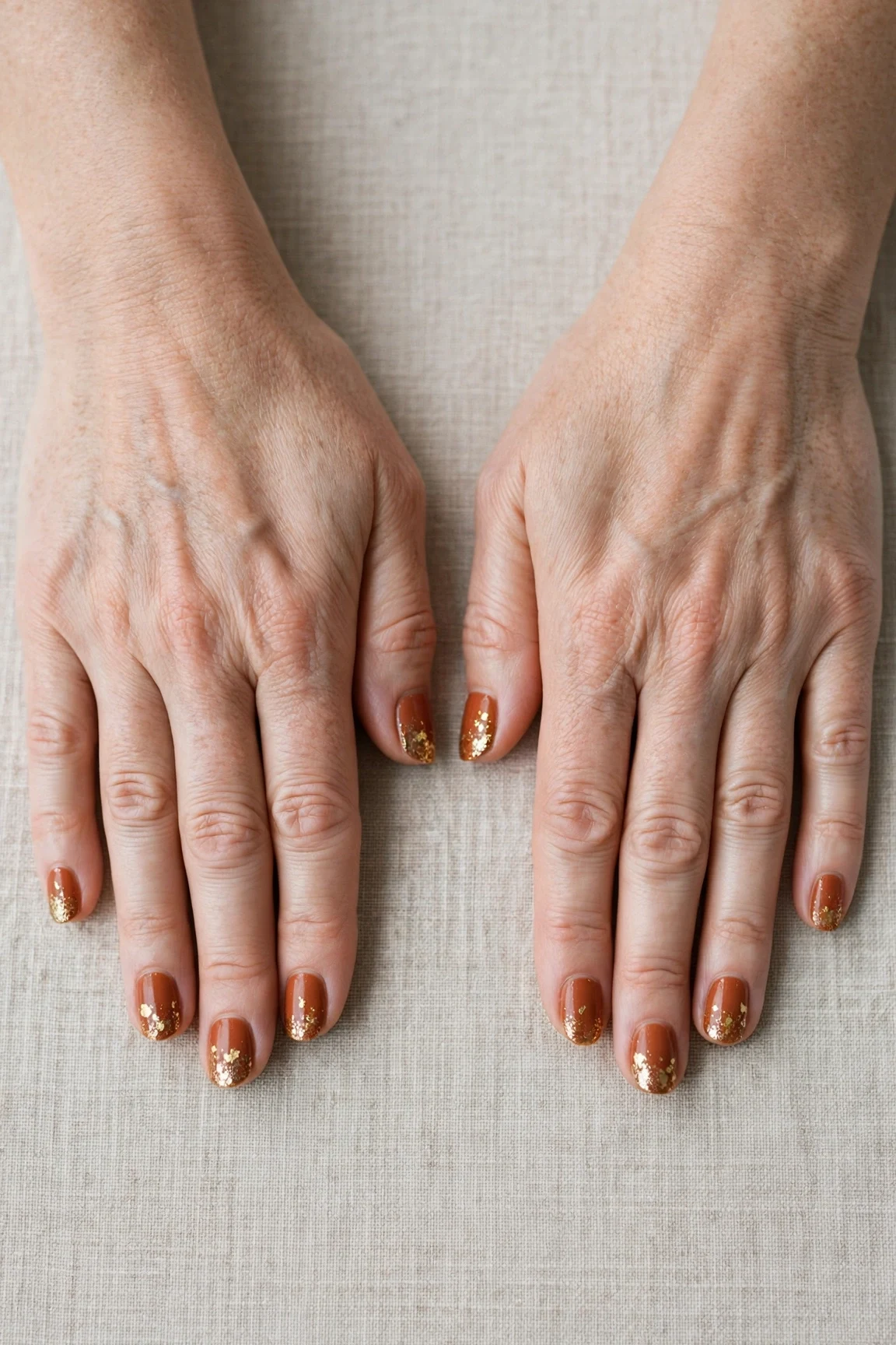 Cinnamon Terracotta Short Nails with a glitter gradient finish and gold foil accents