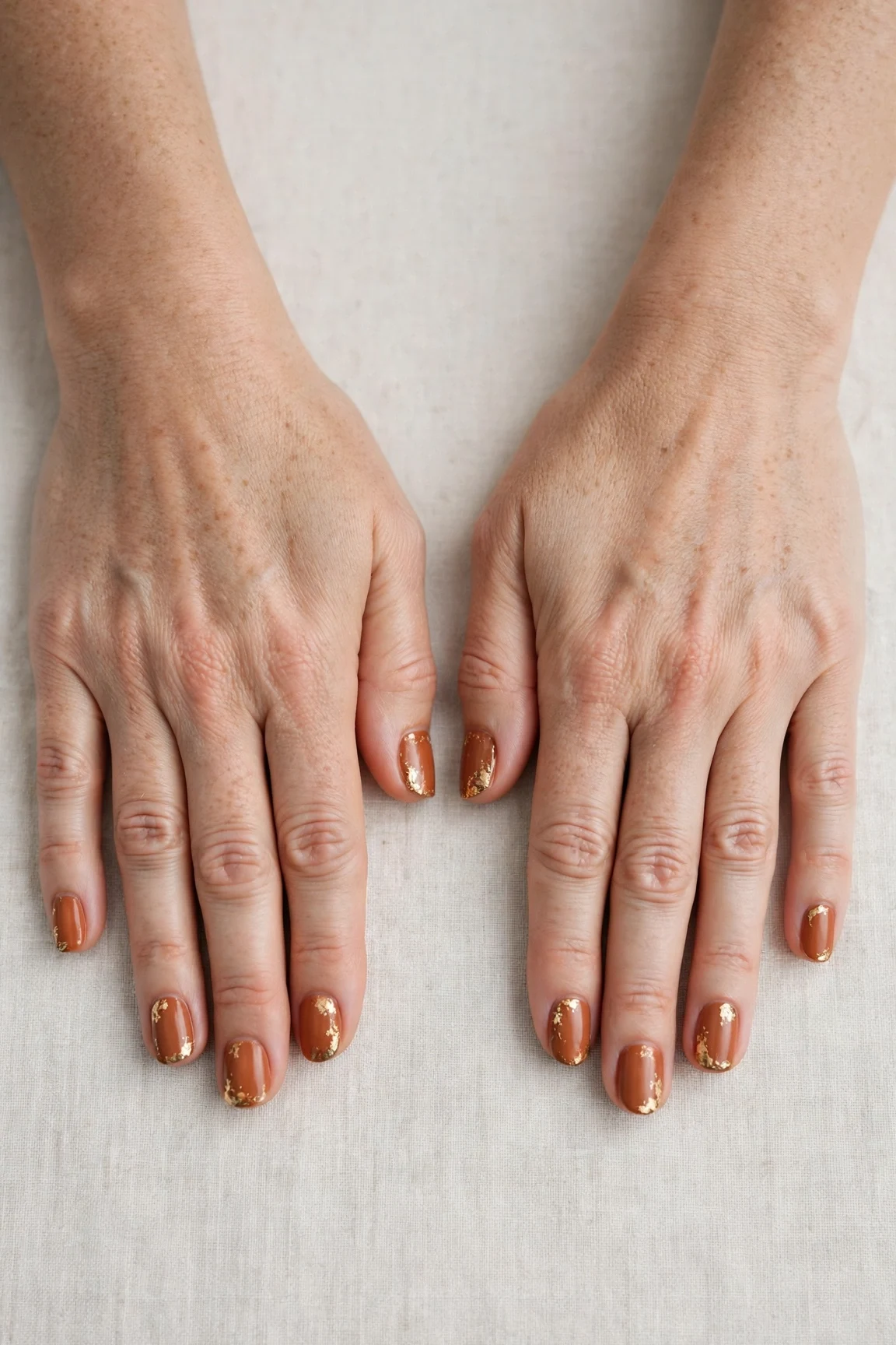 Cinnamon Terracotta Short Nails with a satin finish and gold foil accents