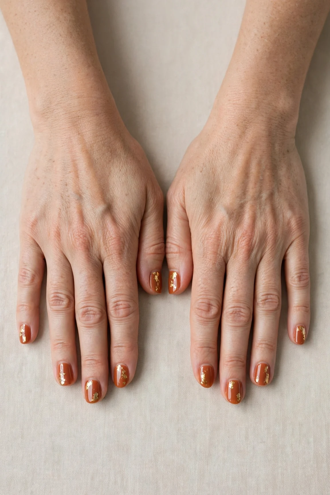 Cinnamon Terracotta Short Nails with a glassy gel finish and gold foil accents