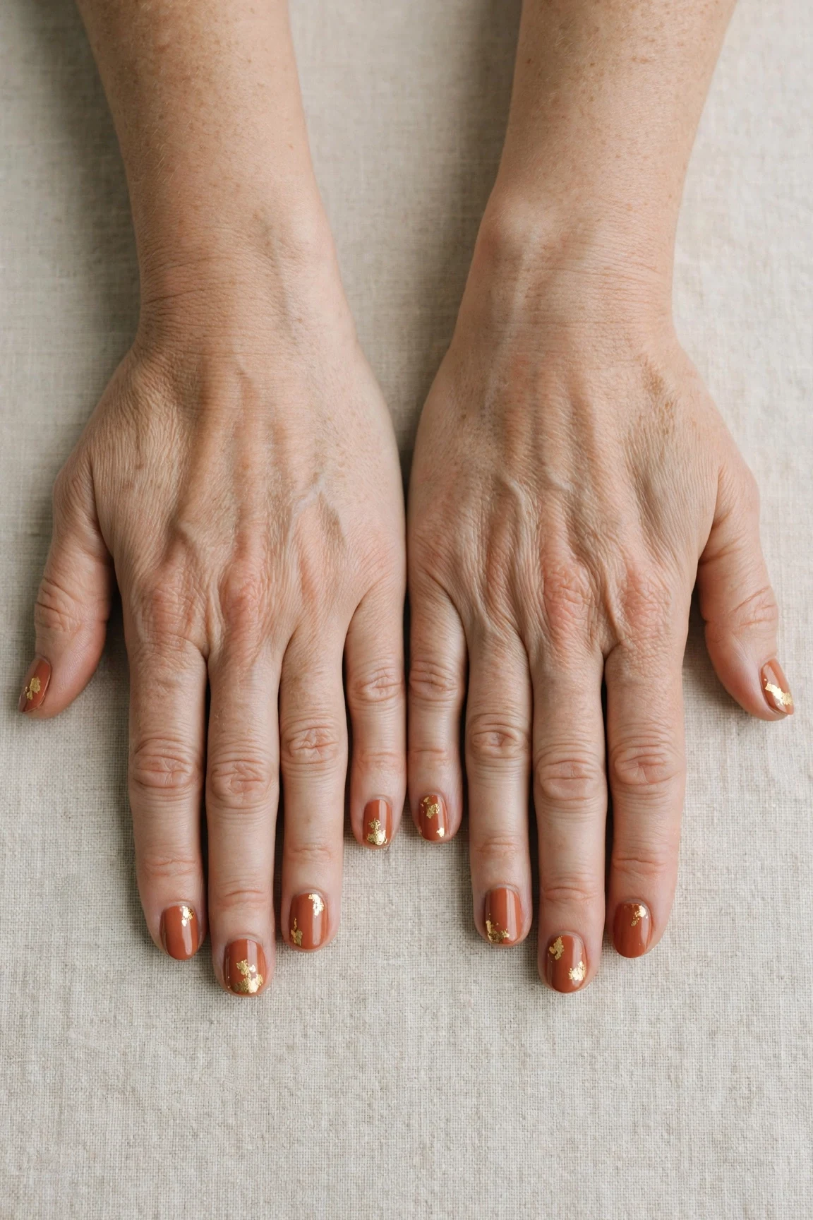 Cinnamon Terracotta Short Nails with a creamy opaque finish and gold foil accents