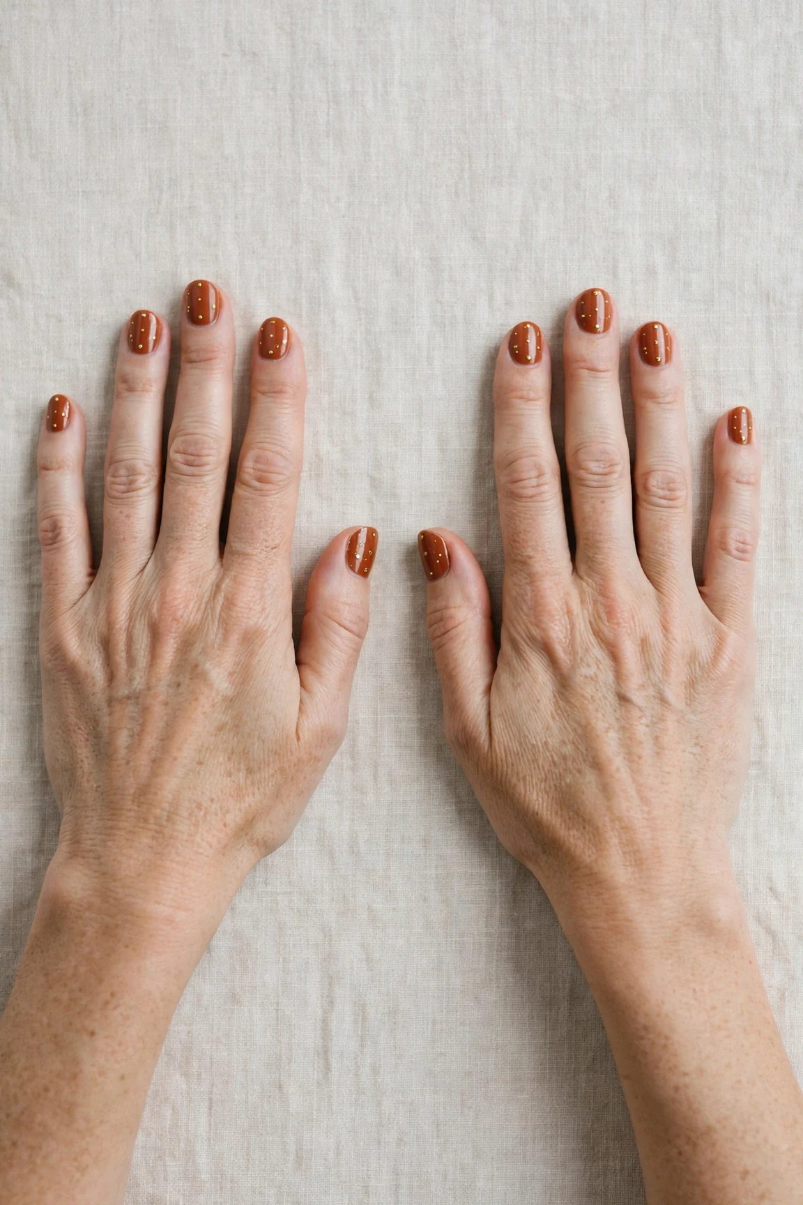 Cinnamon Terracotta Short Nails with a high-gloss finish and tiny gold dots