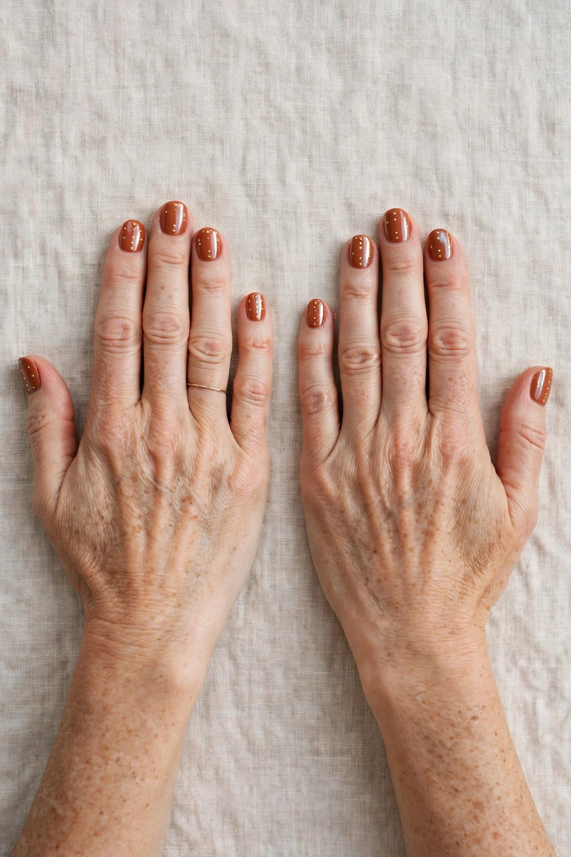 Cinnamon Terracotta Short Nails with a chrome shine and tiny gold dots