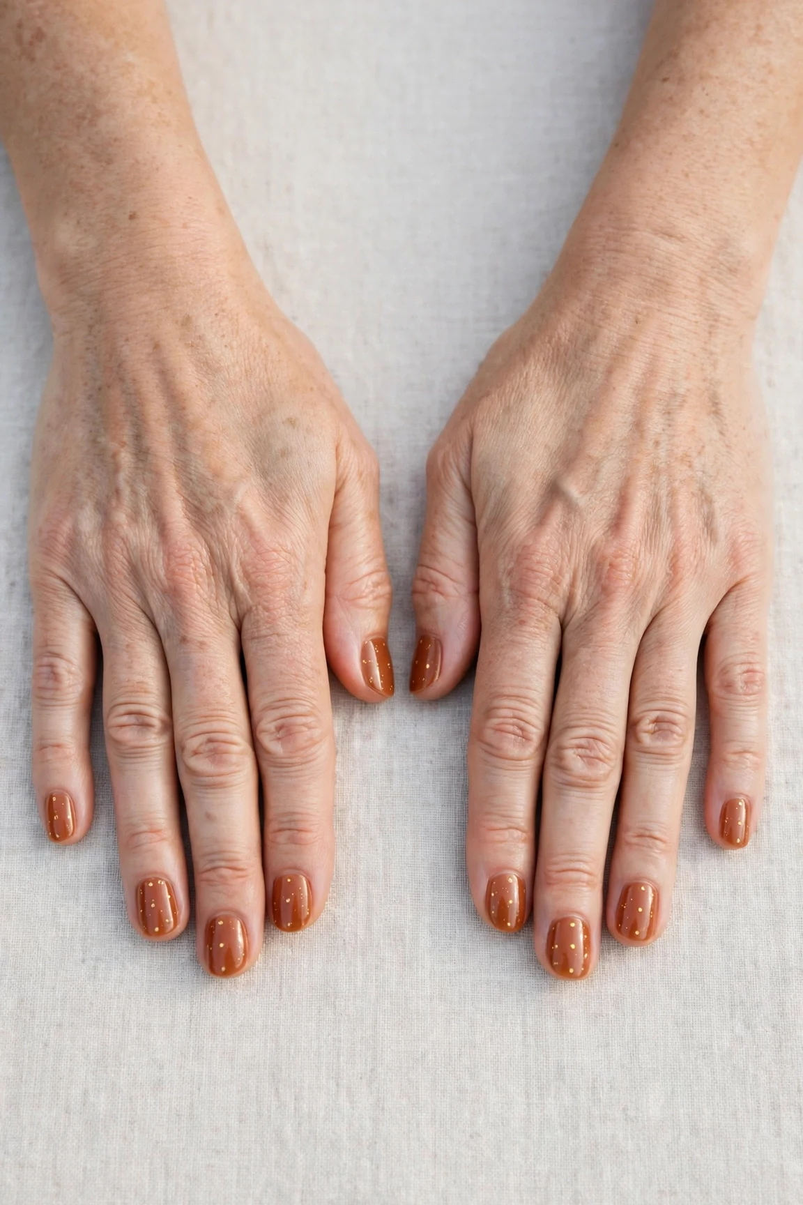 Cinnamon Terracotta Short Nails with a sheer jelly finish and tiny gold dots