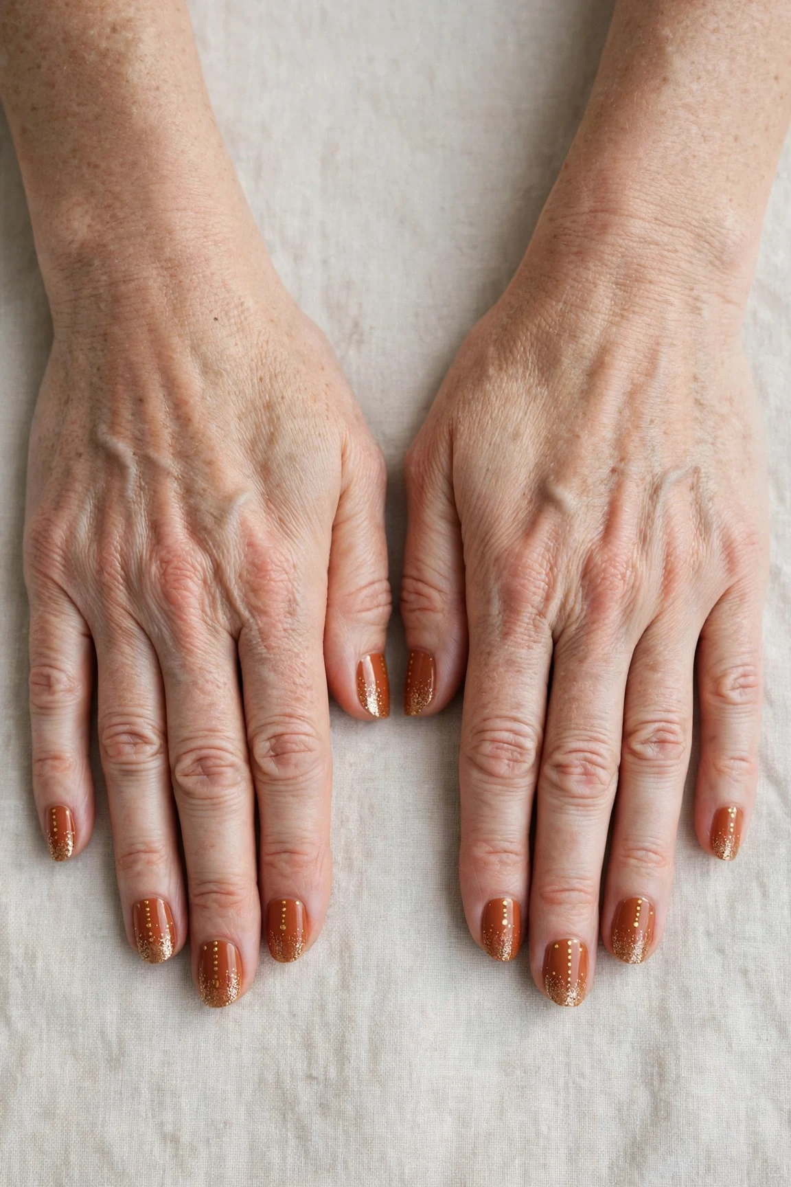 Cinnamon Terracotta Short Nails with a glitter gradient finish and tiny gold dots