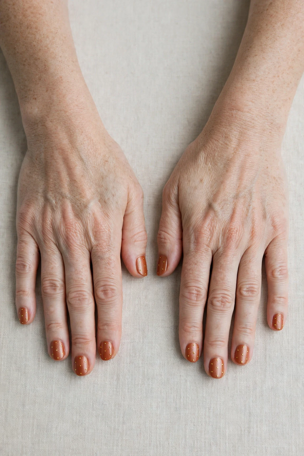 Cinnamon Terracotta Short Nails with a pearl shimmer finish and tiny gold dots