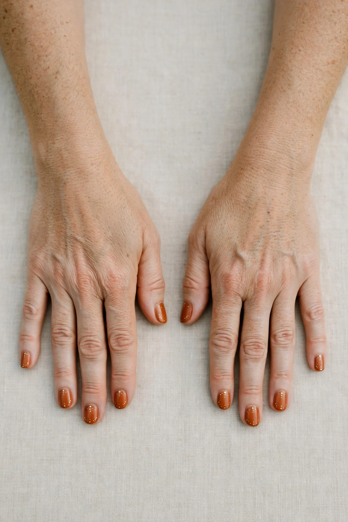 Cinnamon Terracotta Short Nails with a satin finish and tiny gold dots