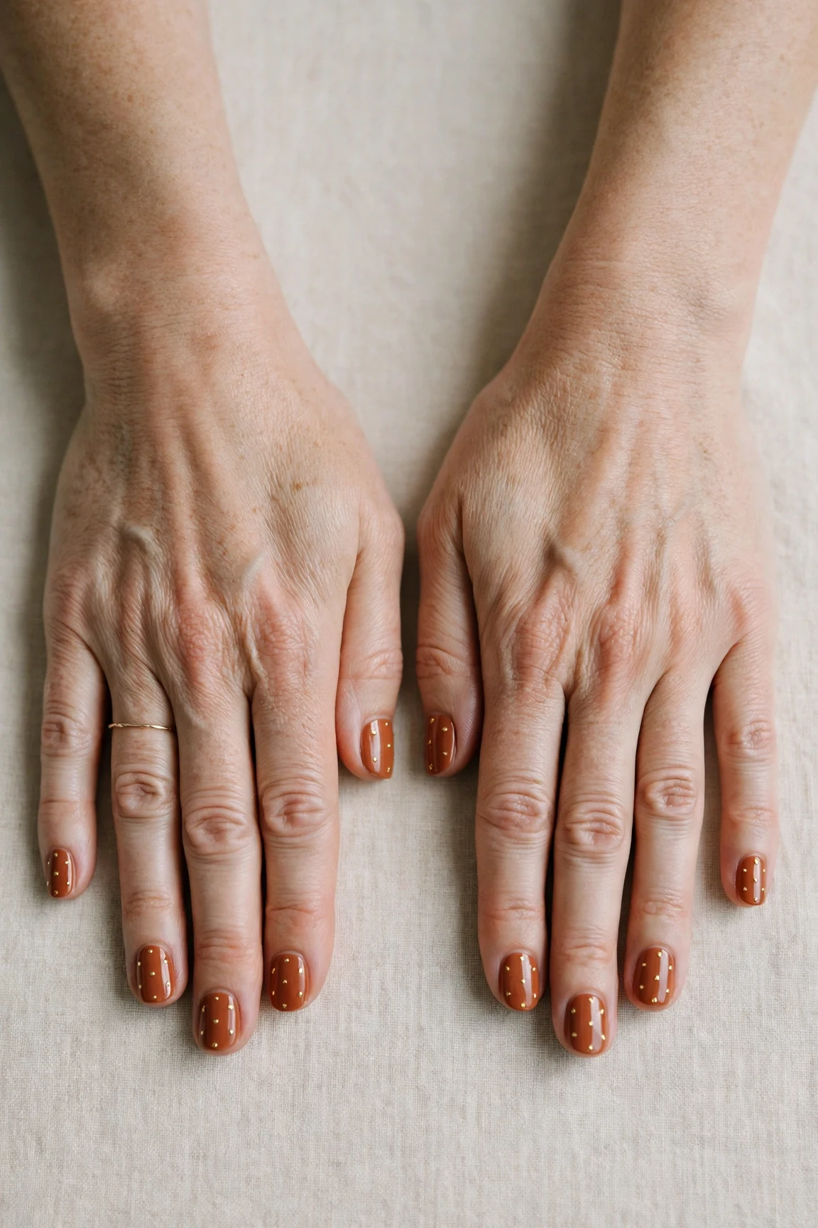 Cinnamon Terracotta Short Nails with a glassy gel finish and tiny gold dots