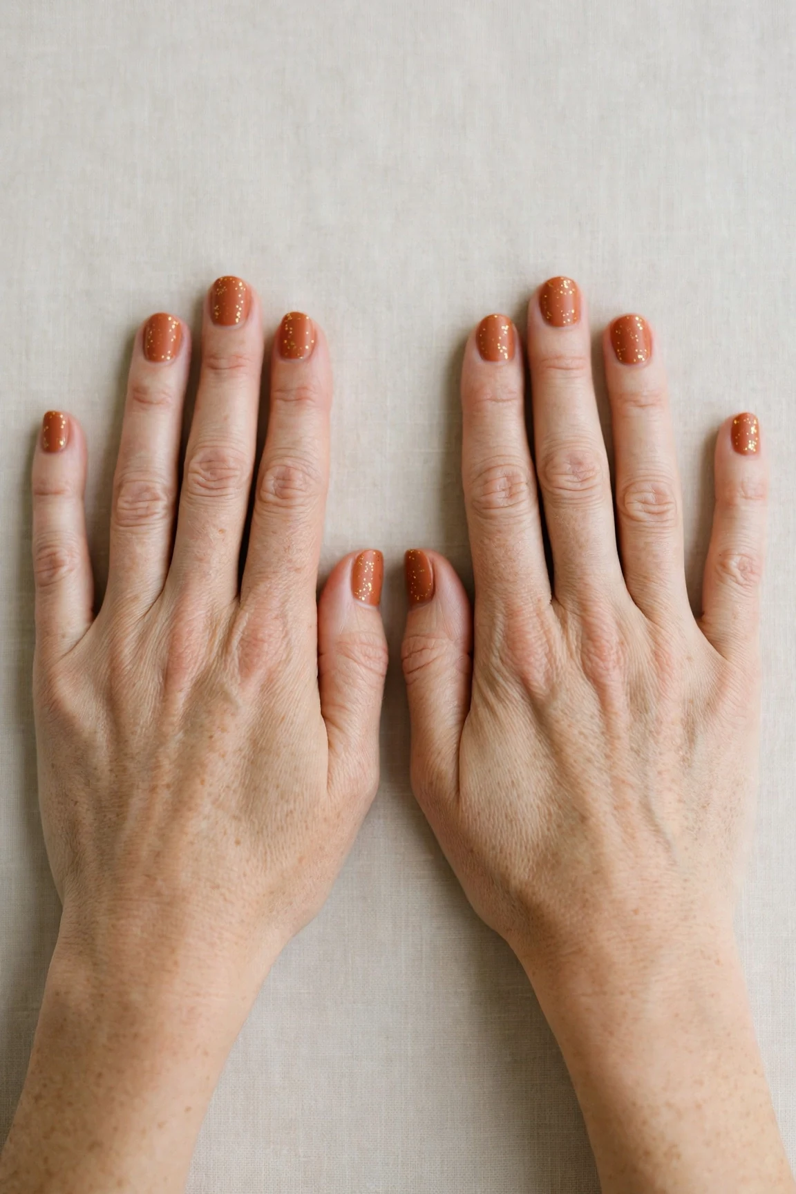 Cinnamon Terracotta Short Nails with a creamy opaque finish and tiny gold dots