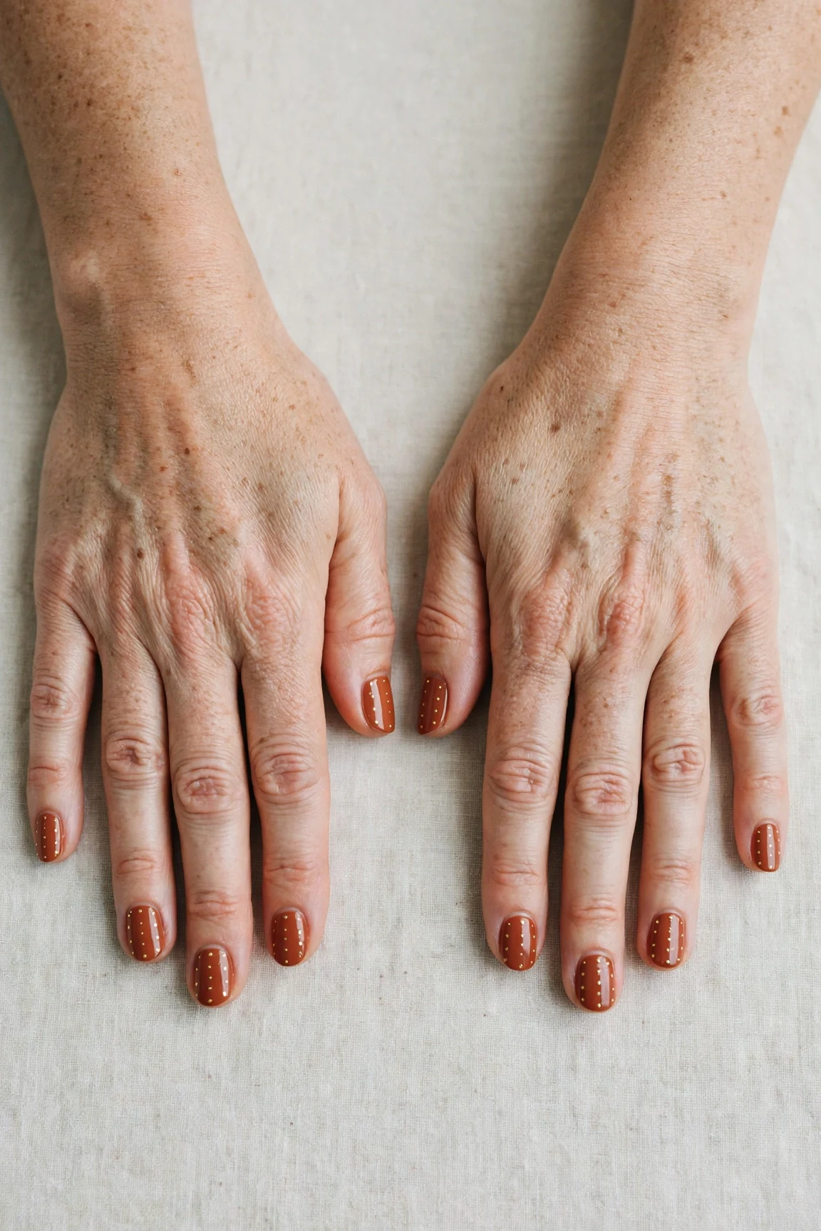 Cinnamon Terracotta Short Nails with a deep glossy shine and tiny gold dots
