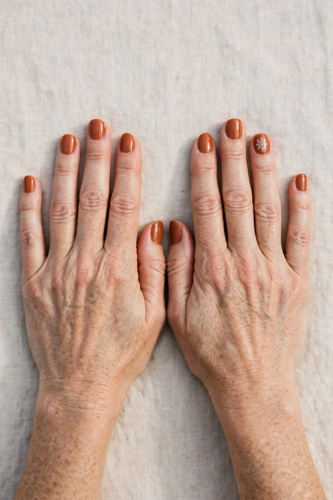 Cinnamon Terracotta Short Nails with a high-gloss finish and a delicate snowflake on the ring finger