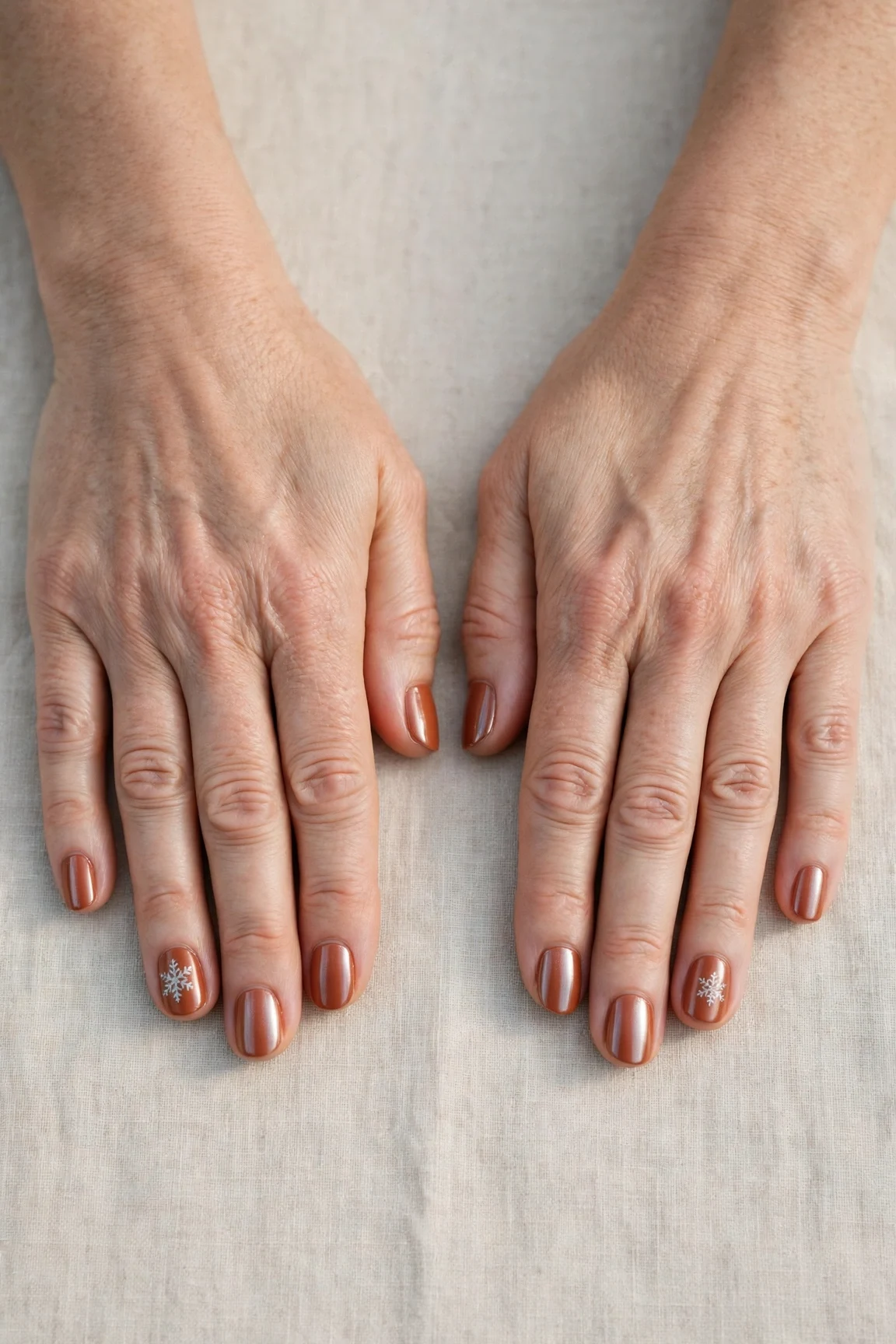 Cinnamon Terracotta Short Nails with a chrome shine and a delicate snowflake on the ring finger