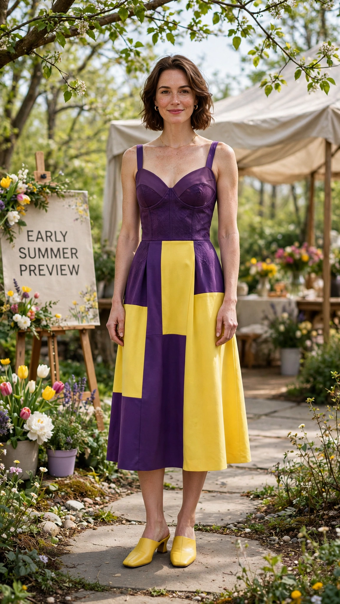 33 Colour Block Dress Outfits for SS27 Previews That Are Fresh, Chic and Easy to Wear 2 Purple and Yellow Colour Block Dress Outfit with a contrast bodice and mules