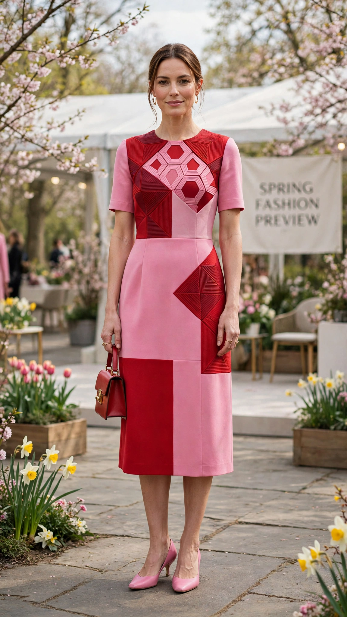 33 Colour Block Dress Outfits for SS27 Previews That Are Fresh, Chic and Easy to Wear 3 Pink and Red Colour Block Dress Outfit with a geometric bodice and kitten heels