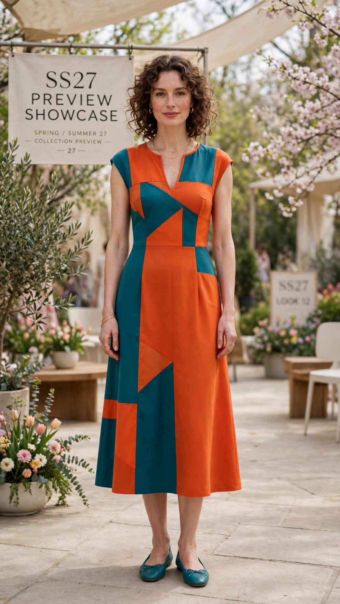 33 Colour Block Dress Outfits for SS27 Previews That Are Fresh, Chic and Easy to Wear 4 Orange and Teal Colour Block Dress Outfit with a colour-panelled bodice and ballet flats