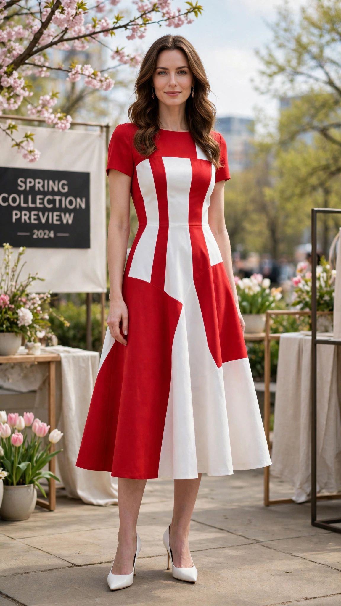 33 Colour Block Dress Outfits for SS27 Previews That Are Fresh, Chic and Easy to Wear 6 Red and White Colour Block Dress Outfit with a panelled bodice and pointed pumps