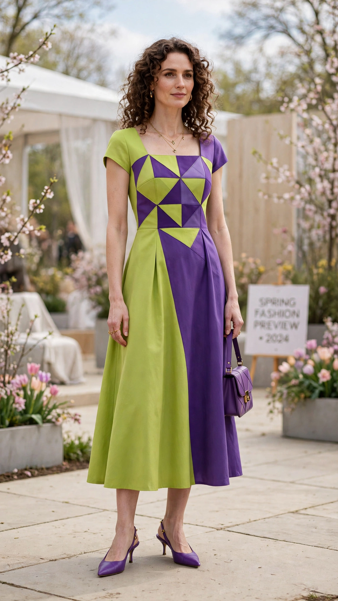 33 Colour Block Dress Outfits for SS27 Previews That Are Fresh, Chic and Easy to Wear 8 Lime and Purple Colour Block Dress Outfit with a geometric bodice and kitten heels