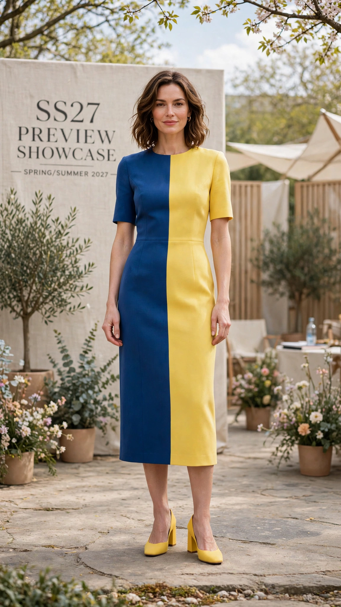 33 Colour Block Dress Outfits for SS27 Previews That Are Fresh, Chic and Easy to Wear 9 Blue and Yellow Colour Block Dress Outfit with a two-colour bodice and block heels