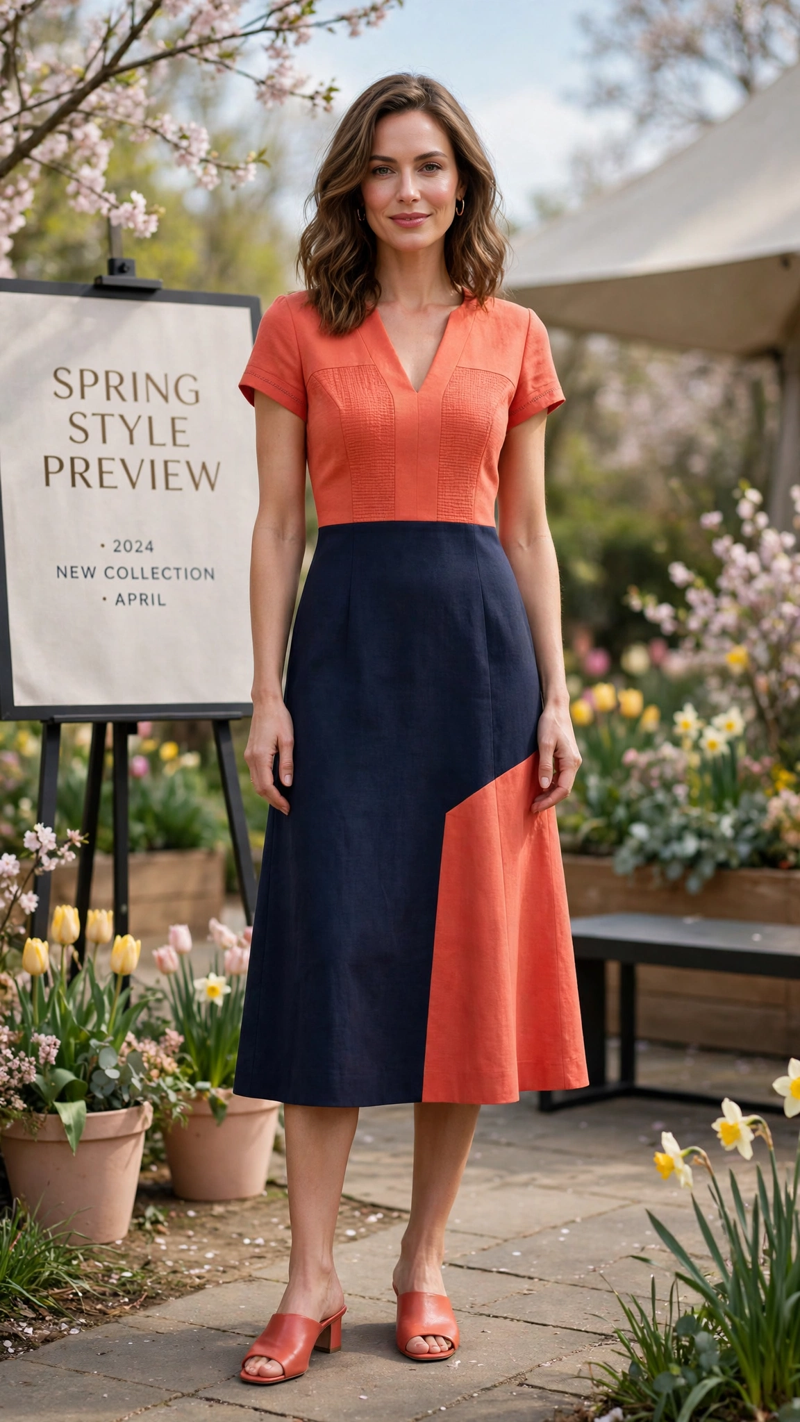 33 Colour Block Dress Outfits for SS27 Previews That Are Fresh, Chic and Easy to Wear 10 Navy and Coral Colour Block Dress Outfit with a contrast bodice and mules