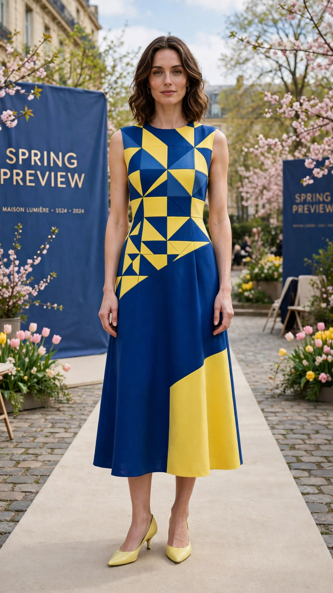 33 Colour Block Dress Outfits for SS27 Previews That Are Fresh, Chic and Easy to Wear 11 Blue and Yellow Colour Block Dress Outfit with a geometric bodice and kitten heels