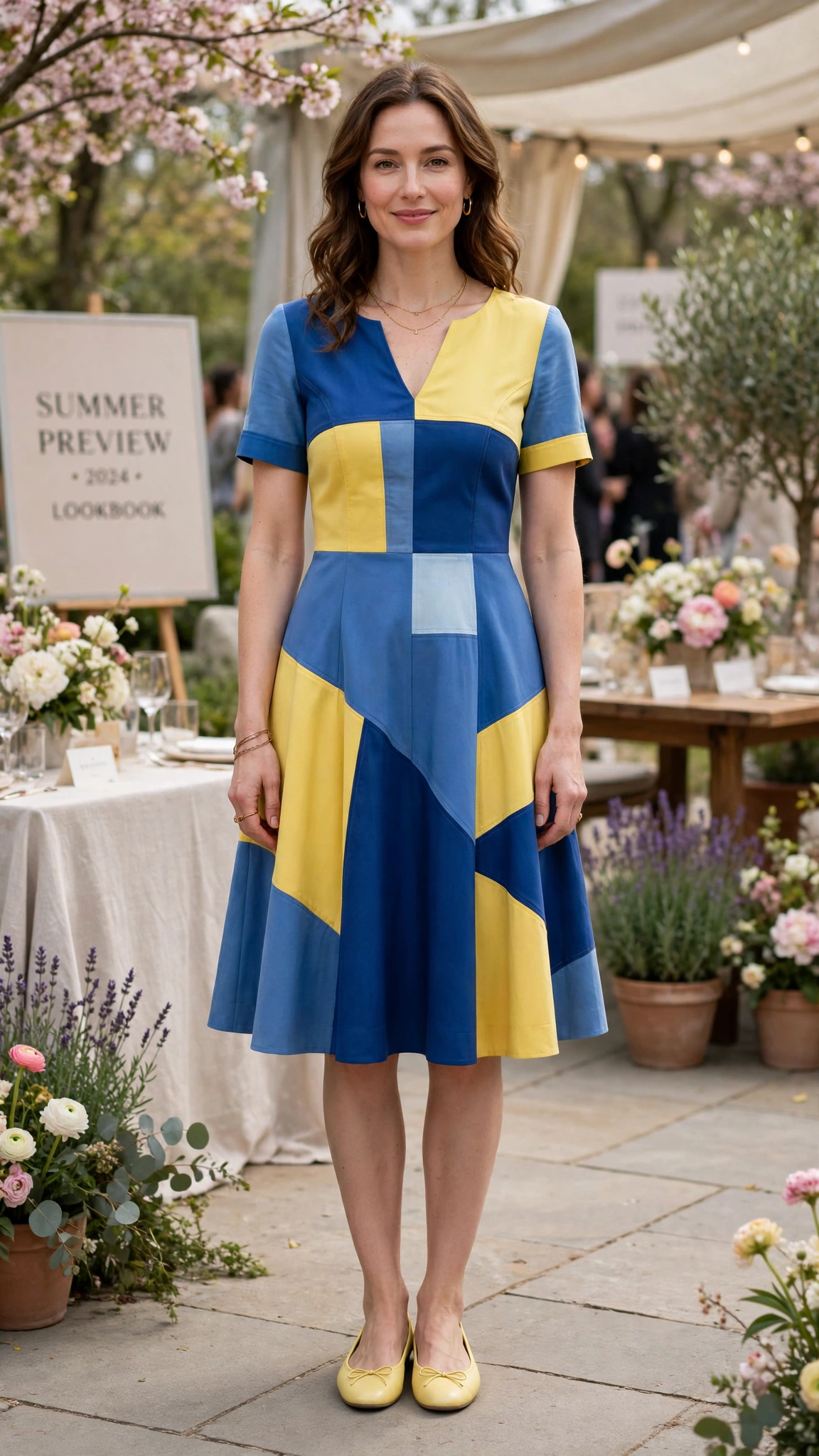 33 Colour Block Dress Outfits for SS27 Previews That Are Fresh, Chic and Easy to Wear 12 Blue and Yellow Colour Block Dress Outfit with a colour-panelled bodice and ballet flats