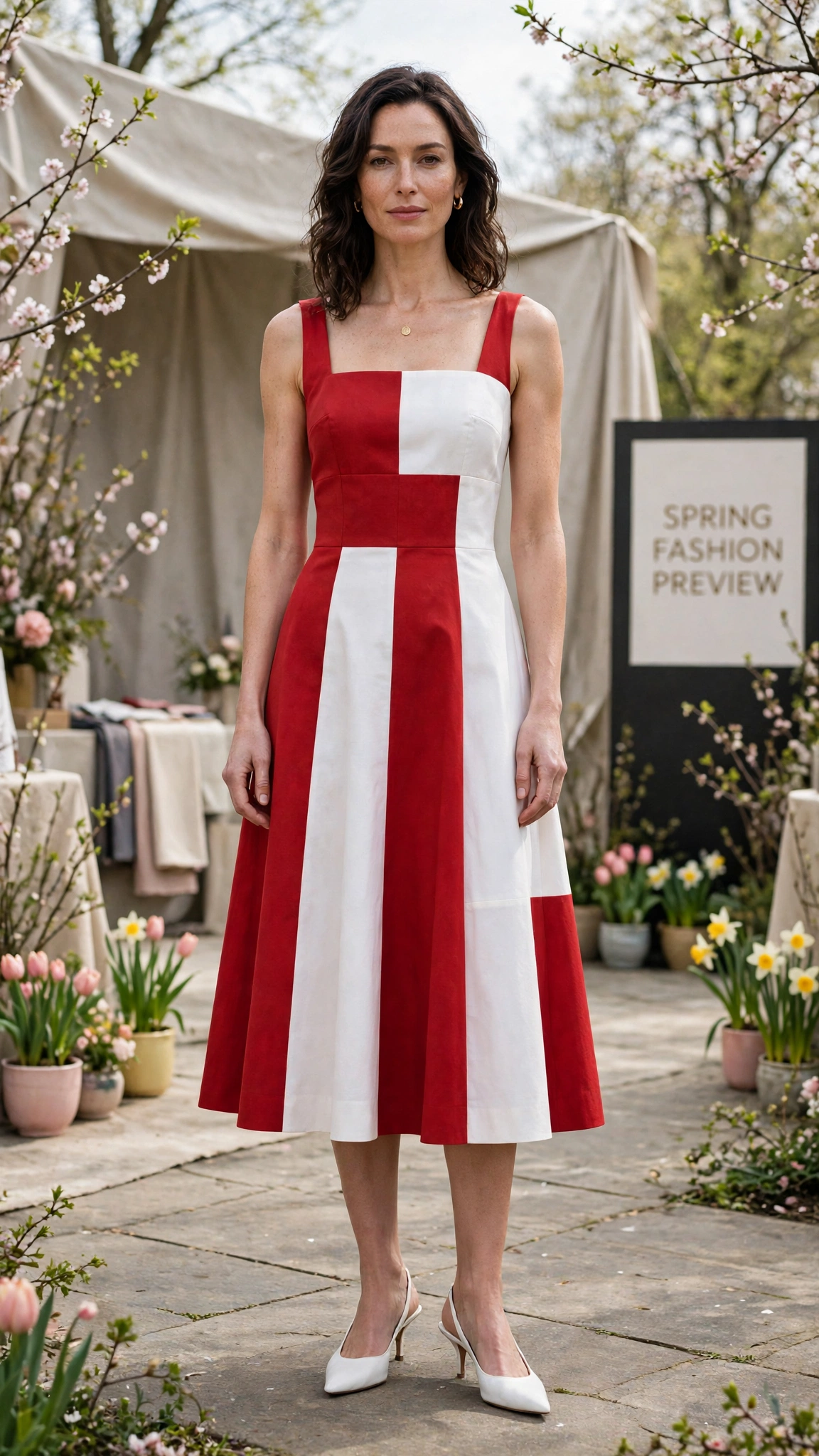 33 Colour Block Dress Outfits for SS27 Previews That Are Fresh, Chic and Easy to Wear 13 Red and White Colour Block Dress Outfit with a blocked bodice and slingback heels