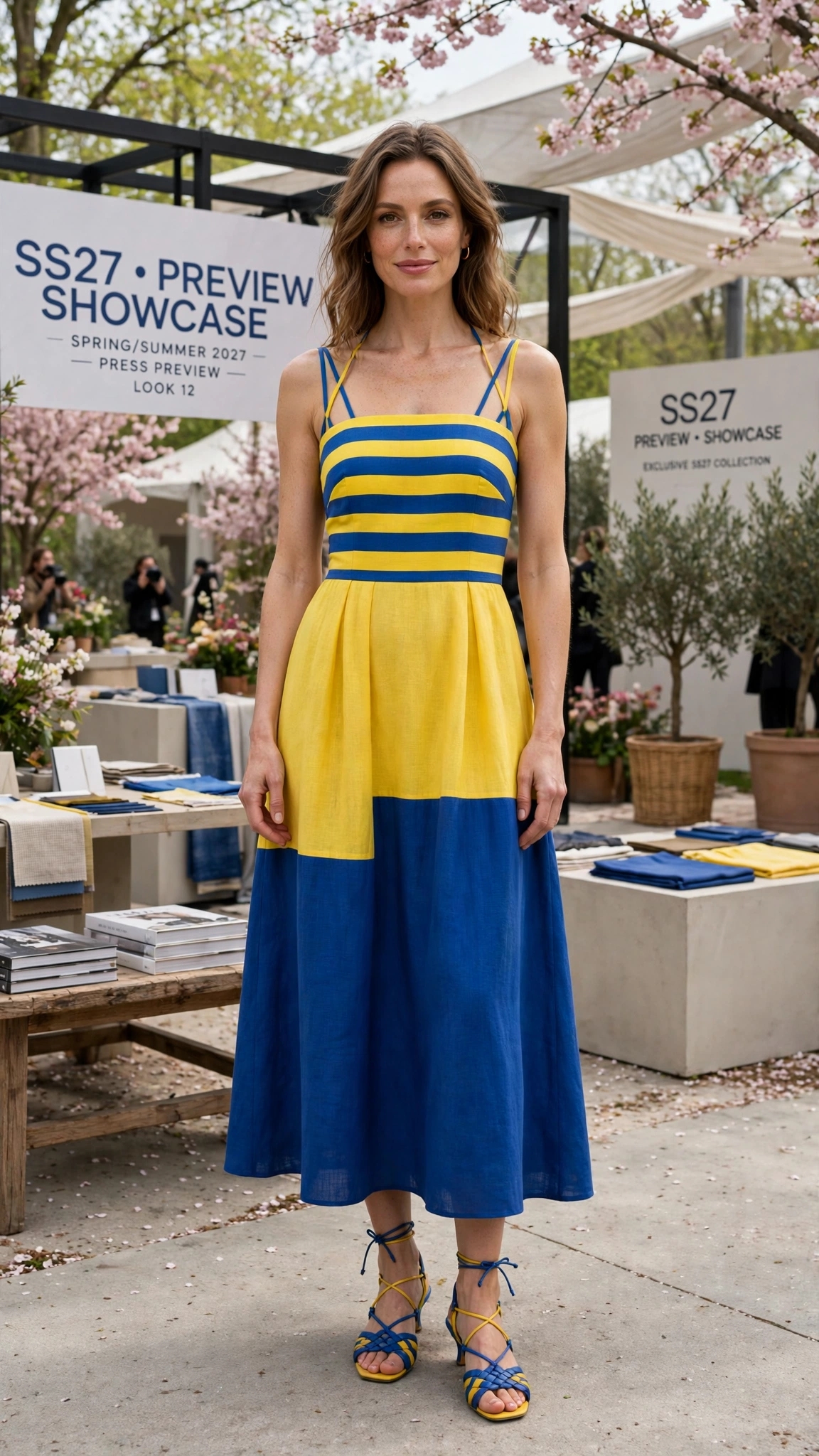 33 Colour Block Dress Outfits for SS27 Previews That Are Fresh, Chic and Easy to Wear 14 Blue and Yellow Colour Block Dress Outfit with a bold striped bodice and strappy sandals