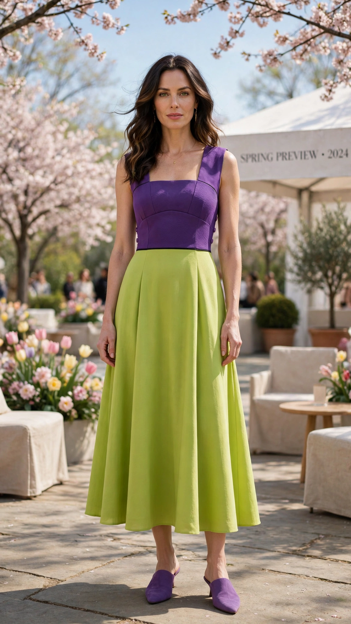 33 Colour Block Dress Outfits for SS27 Previews That Are Fresh, Chic and Easy to Wear 16 Lime and Purple Colour Block Dress Outfit with a contrast bodice and mules