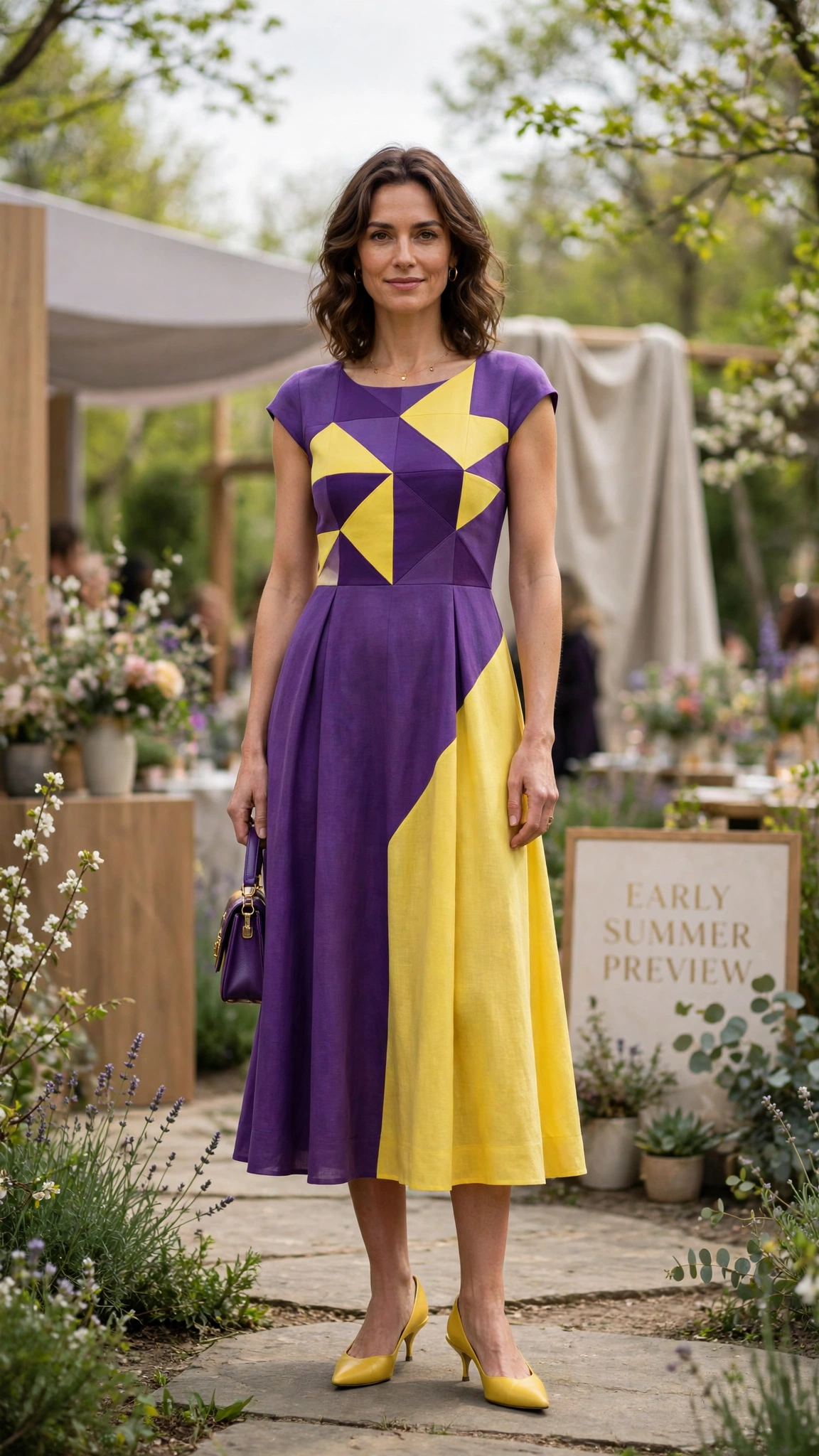 33 Colour Block Dress Outfits for SS27 Previews That Are Fresh, Chic and Easy to Wear 17 Purple and Yellow Colour Block Dress Outfit with a geometric bodice and kitten heels